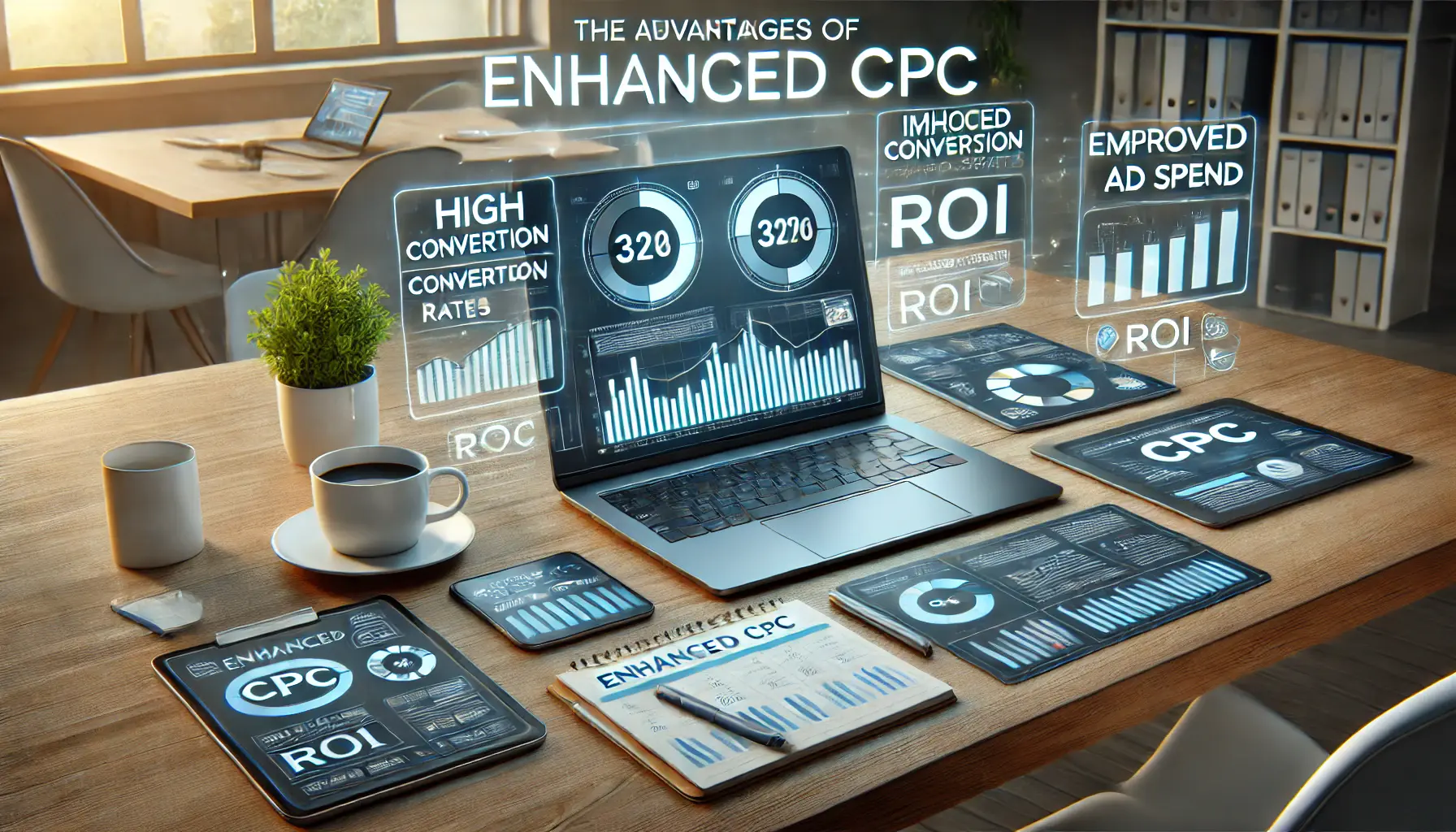 A digital marketing workspace with a laptop displaying a dashboard showing performance metrics like high conversion rates and optimized ad spend.