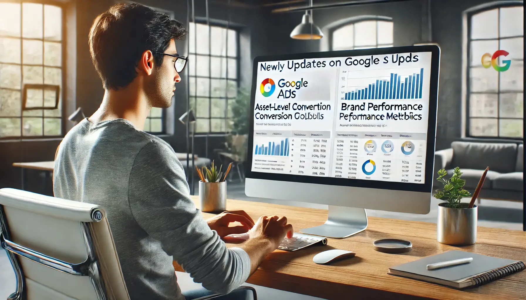Digital marketer analyzing recent updates on Google Ads reporting columns with visual data on the screen.