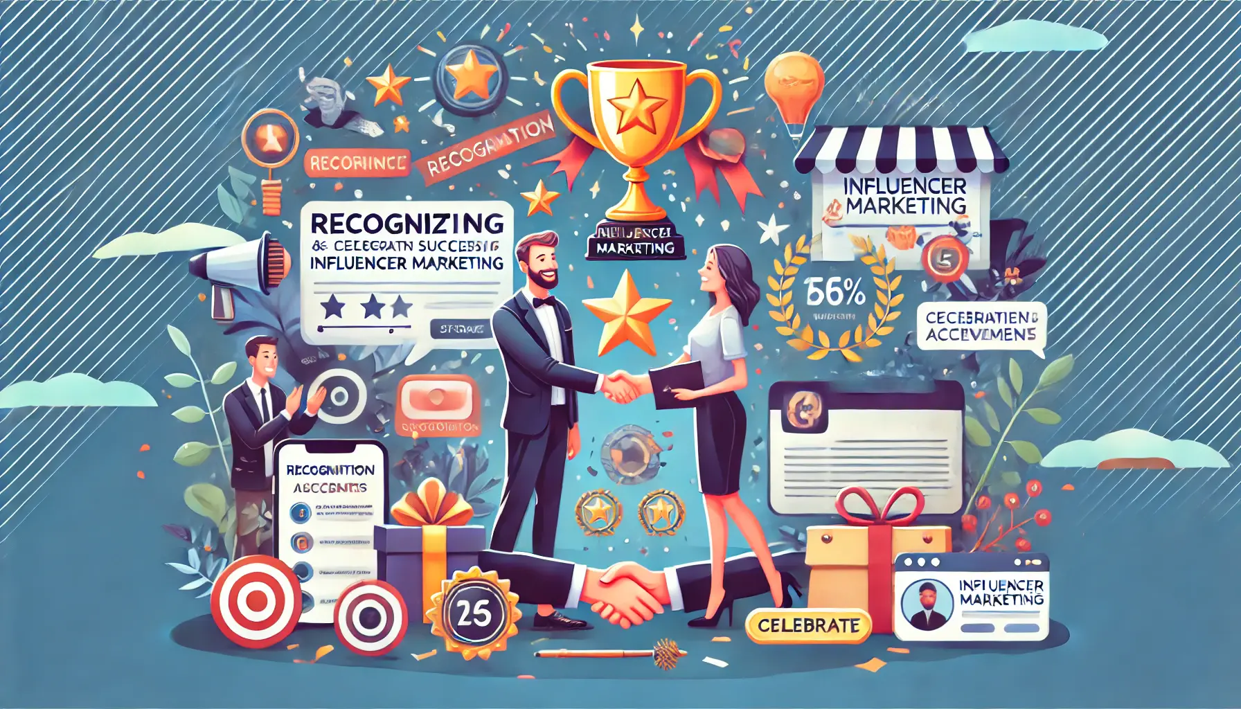 An illustration showing a content creator receiving a recognition award or gift from a marketer, with celebratory elements like confetti and a handshake.