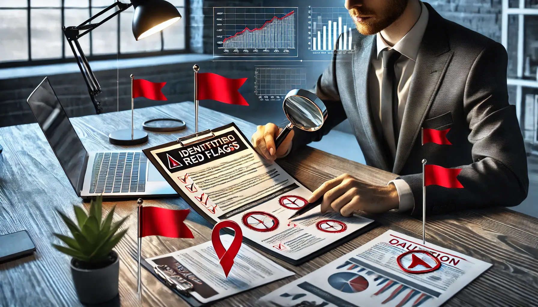 A business professional reviewing a report with highlighted areas of concern, using a magnifying glass, representing the identification of red flags in hiring a service provider.