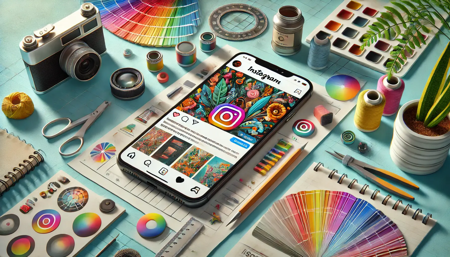 A smartphone displaying a vibrant Instagram ad surrounded by tools like a color wheel, sketchpad, and camera, symbolizing the creation of fresh and original ad material.