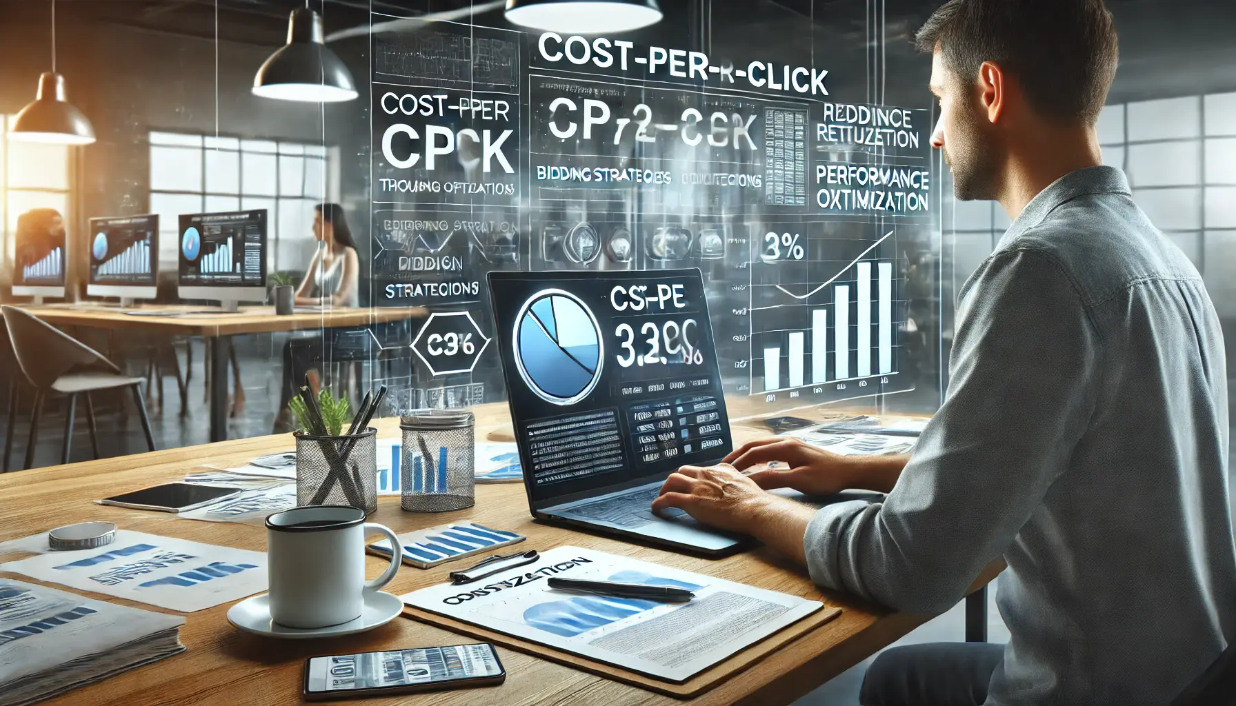 A digital marketer analyzing cost-per-click data on a laptop, with charts showing CPC reduction and campaign optimization tools visible.