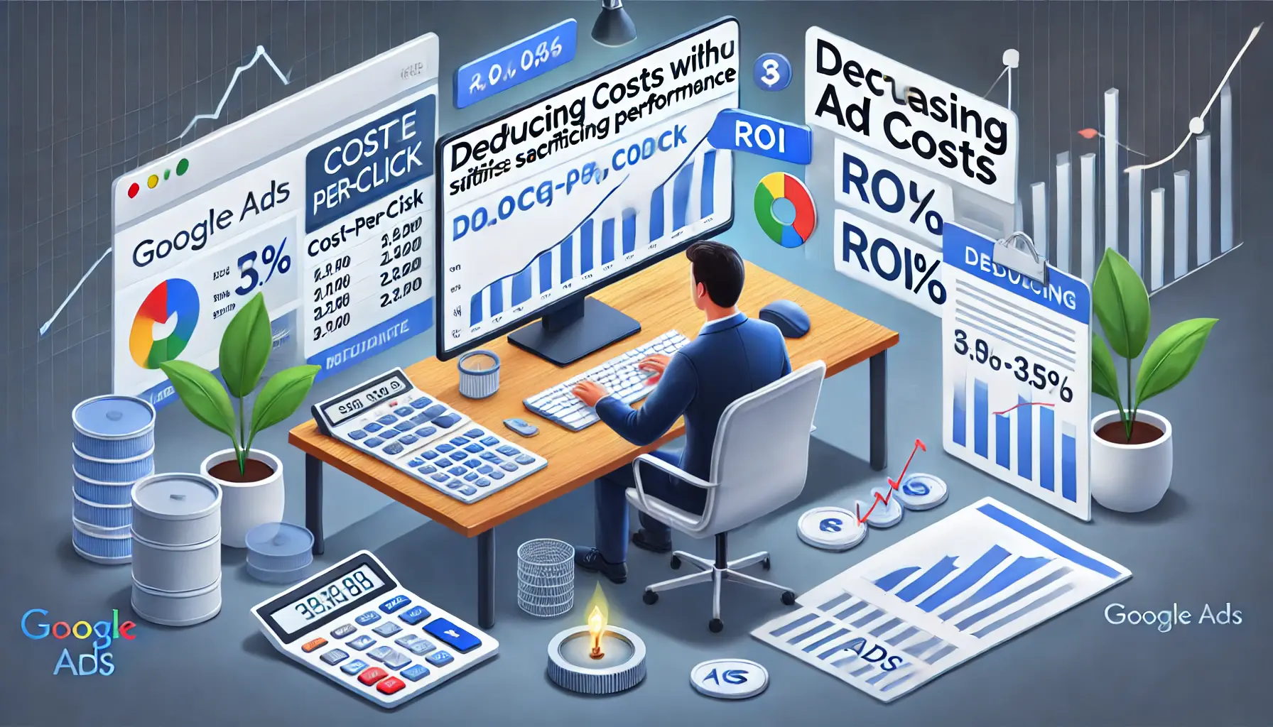 A digital marketer analyzing data showing reduced ad costs while maintaining or improving conversion rates, with performance graphs and cost metrics.