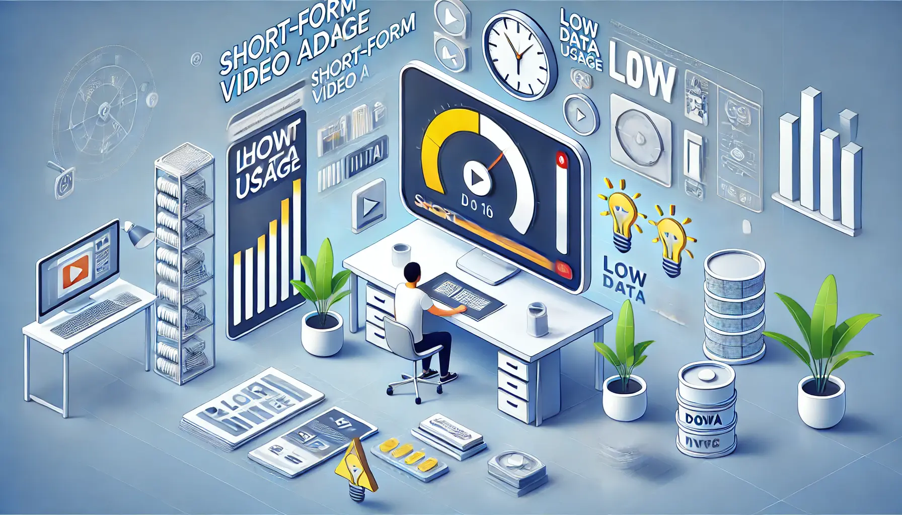 A digital workspace where a person is creating a short-form video ad, surrounded by visual elements representing low data usage and energy efficiency.