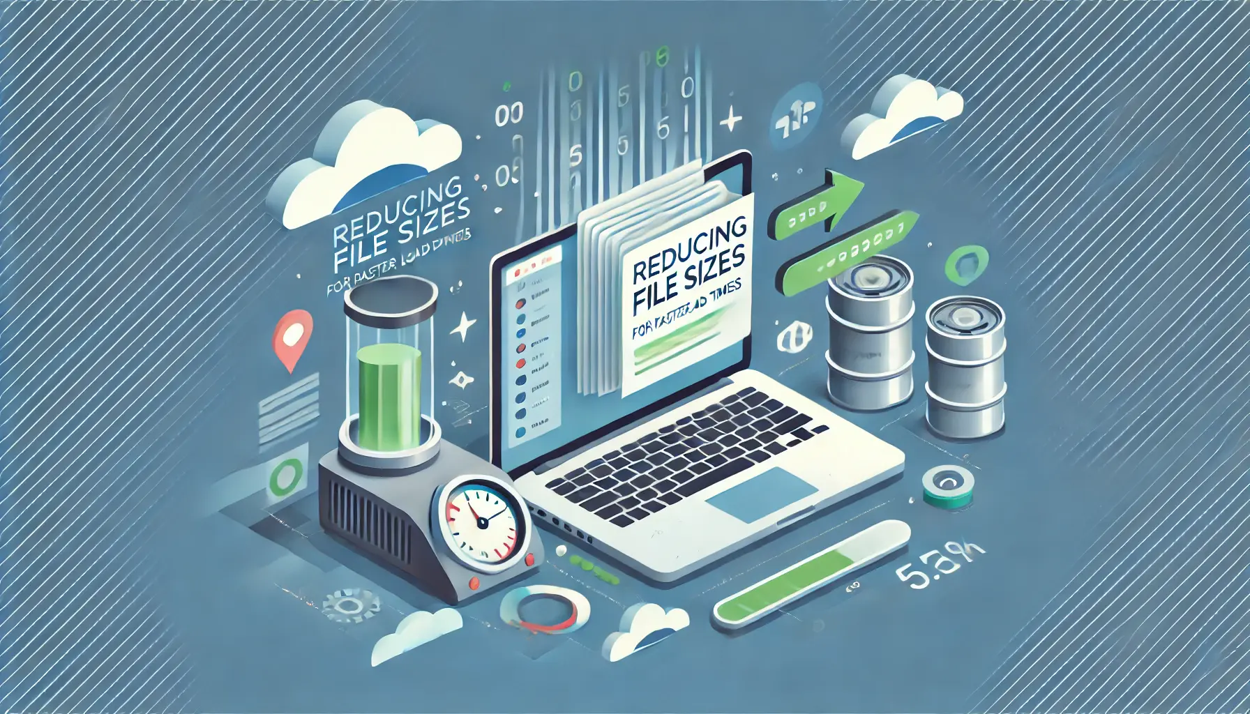 Illustration of a computer screen with a large file being compressed, symbolizing the optimization of file sizes for faster load times.