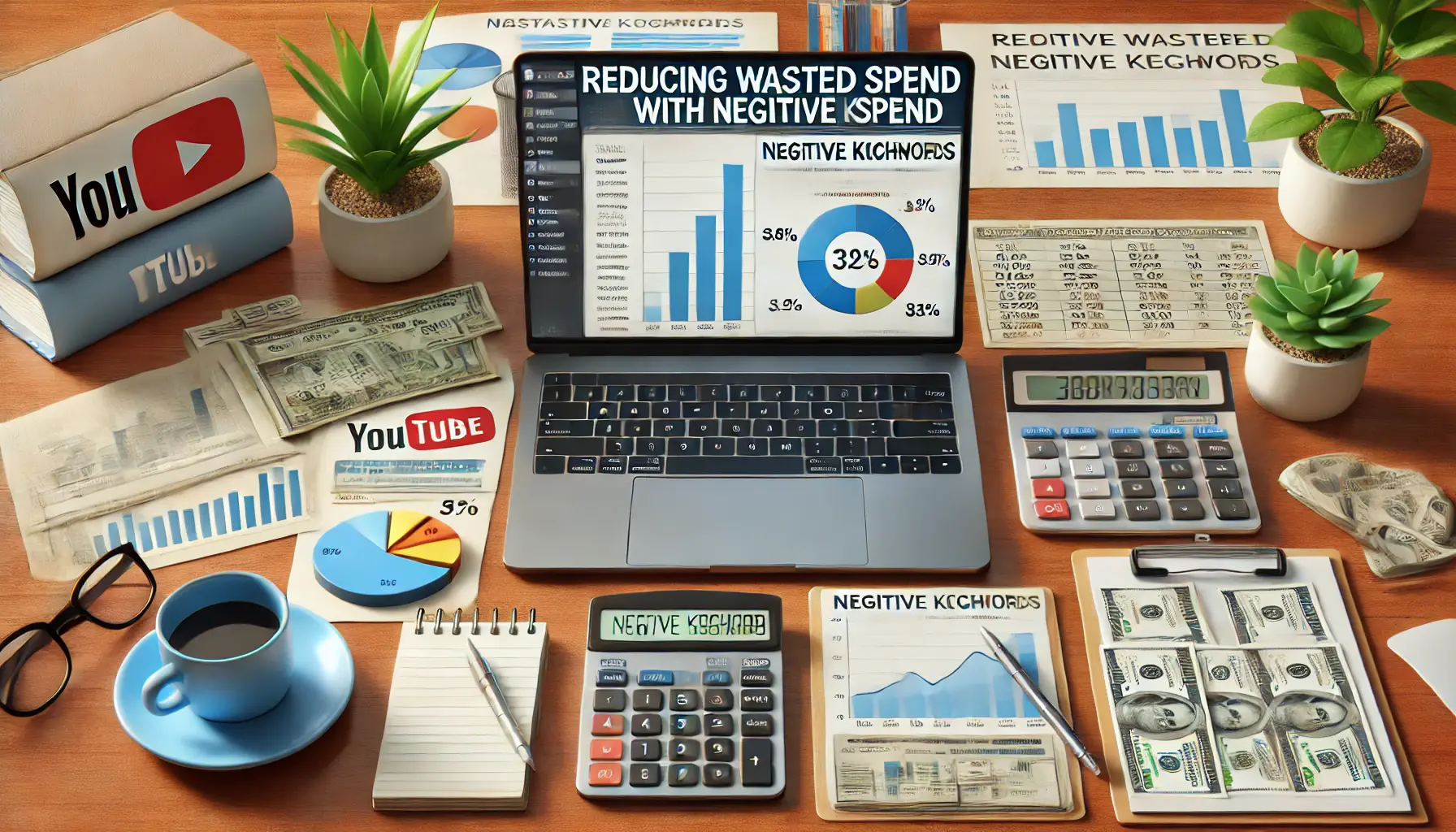 A workspace featuring a laptop displaying an advertising dashboard focused on negative keyword management, with charts, graphs, and financial planning tools.