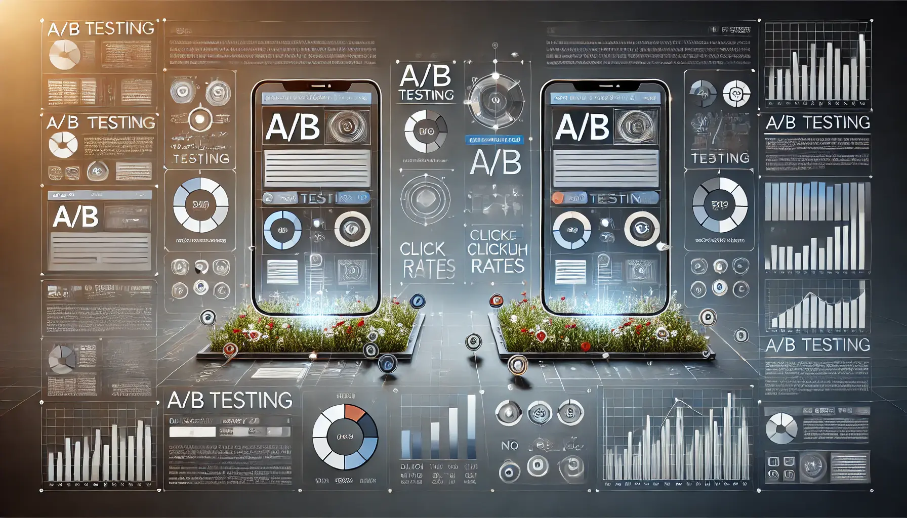 Two ad layouts displayed side-by-side on a digital dashboard with graphs illustrating performance metrics like click-through and conversion rates.