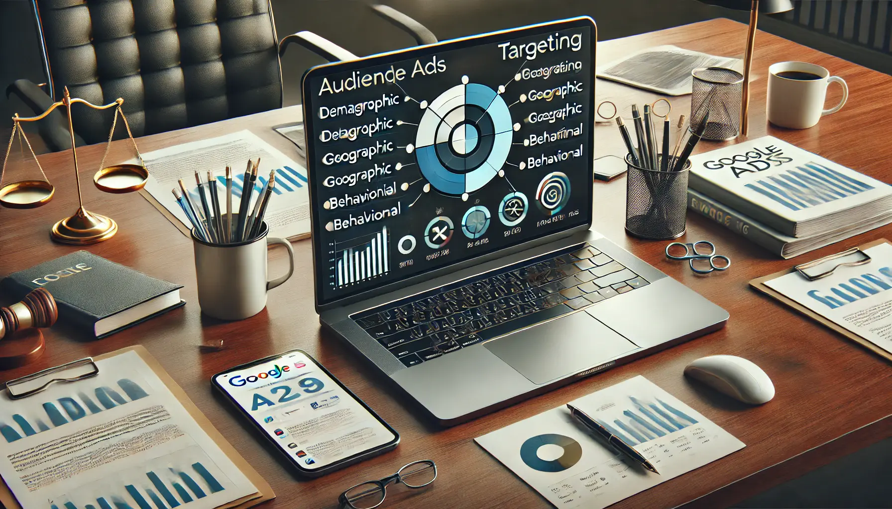 A modern office desk with a laptop displaying Google Ads audience targeting options, including demographic, geographic, and behavioral filters, with legal documents and a coffee cup nearby.