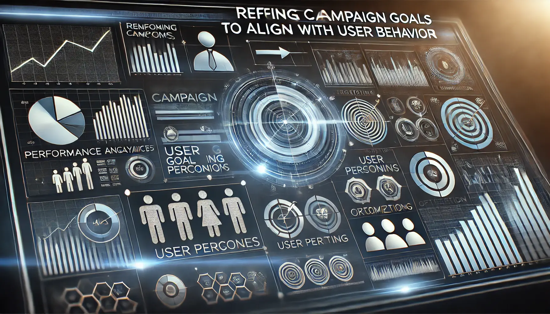 Abstract image illustrating the refinement of campaign goals with user behavior analytics, data charts, and icons for targeting and optimization.