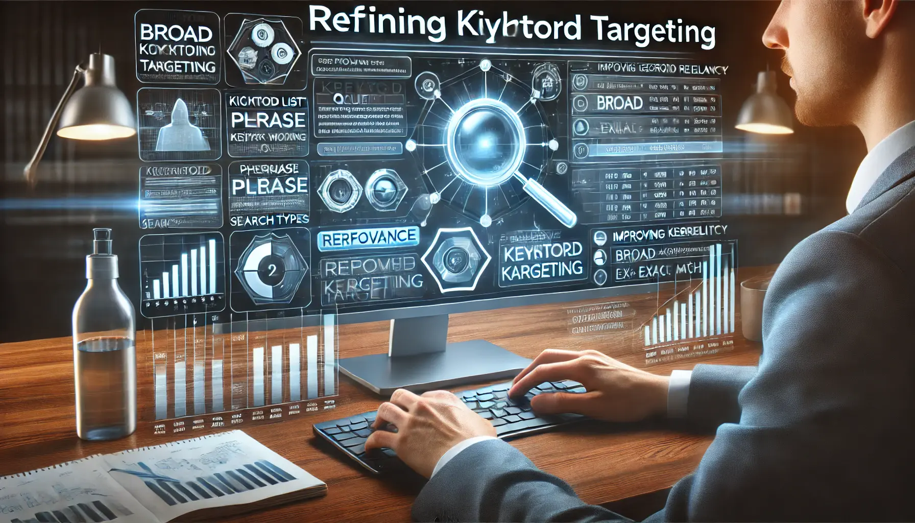 An illustration of a marketer reviewing keyword data and refining targeting with different match types and performance metrics.