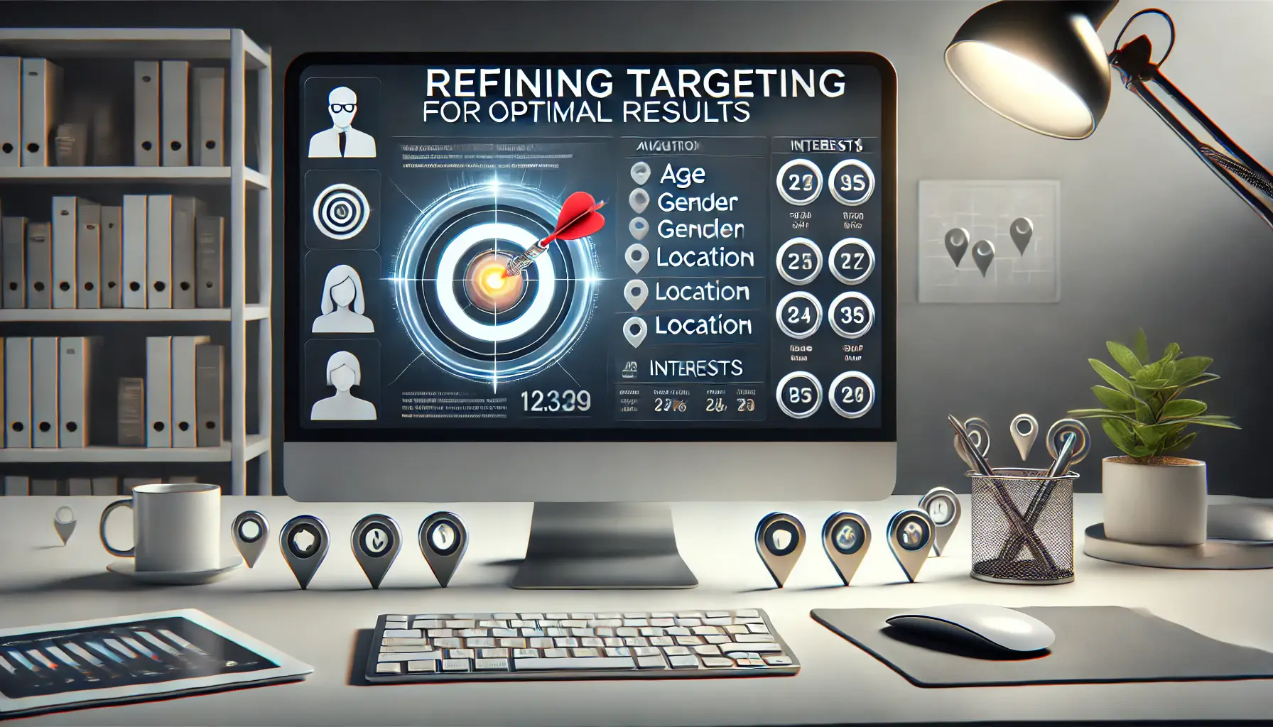 A computer screen displaying a marketing dashboard with targeting filters like age, gender, location, and interests, surrounded by icons symbolizing audience segments.