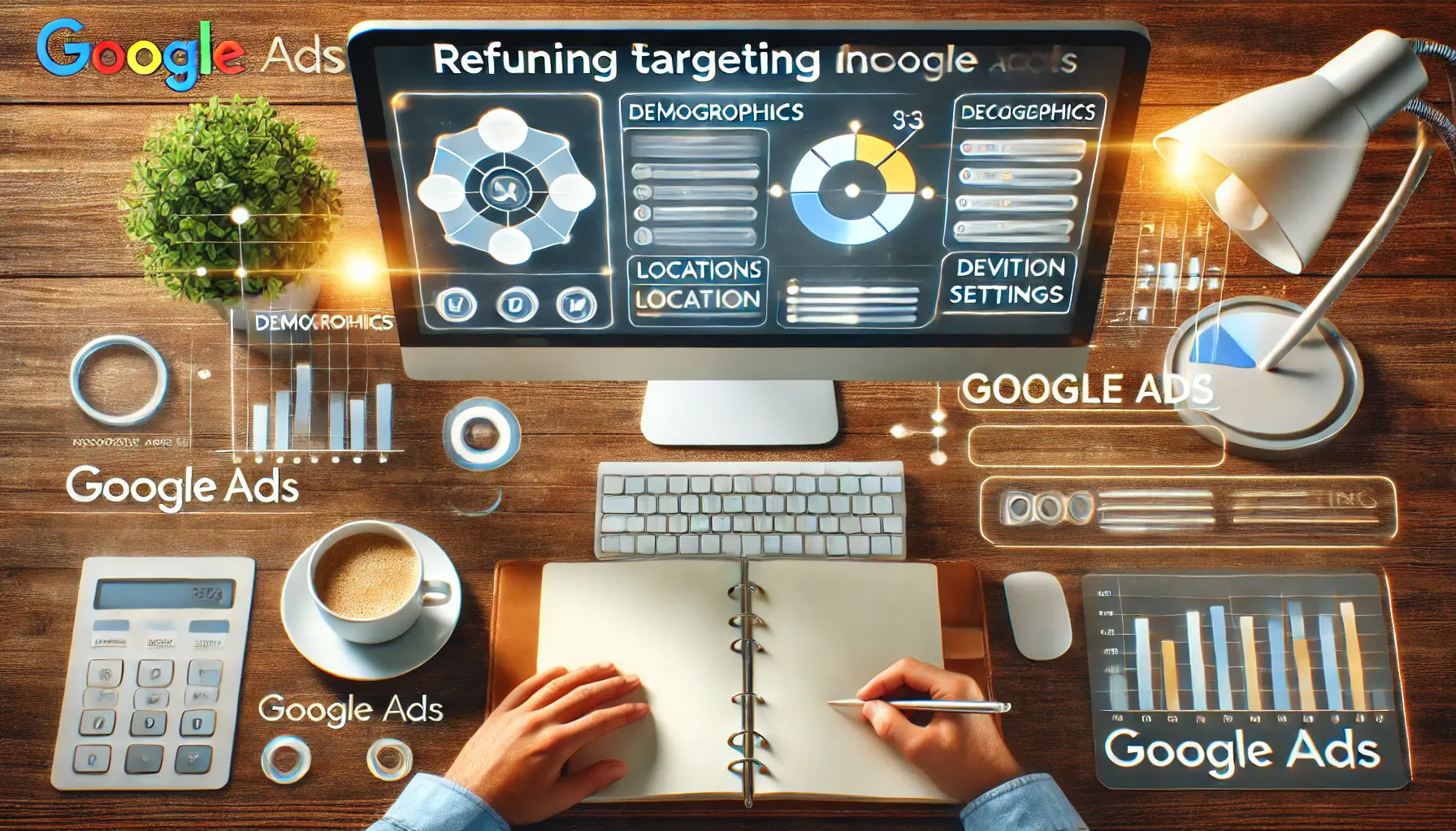 A modern workspace with a computer screen displaying the Google Ads targeting options like demographics, location, and device settings.