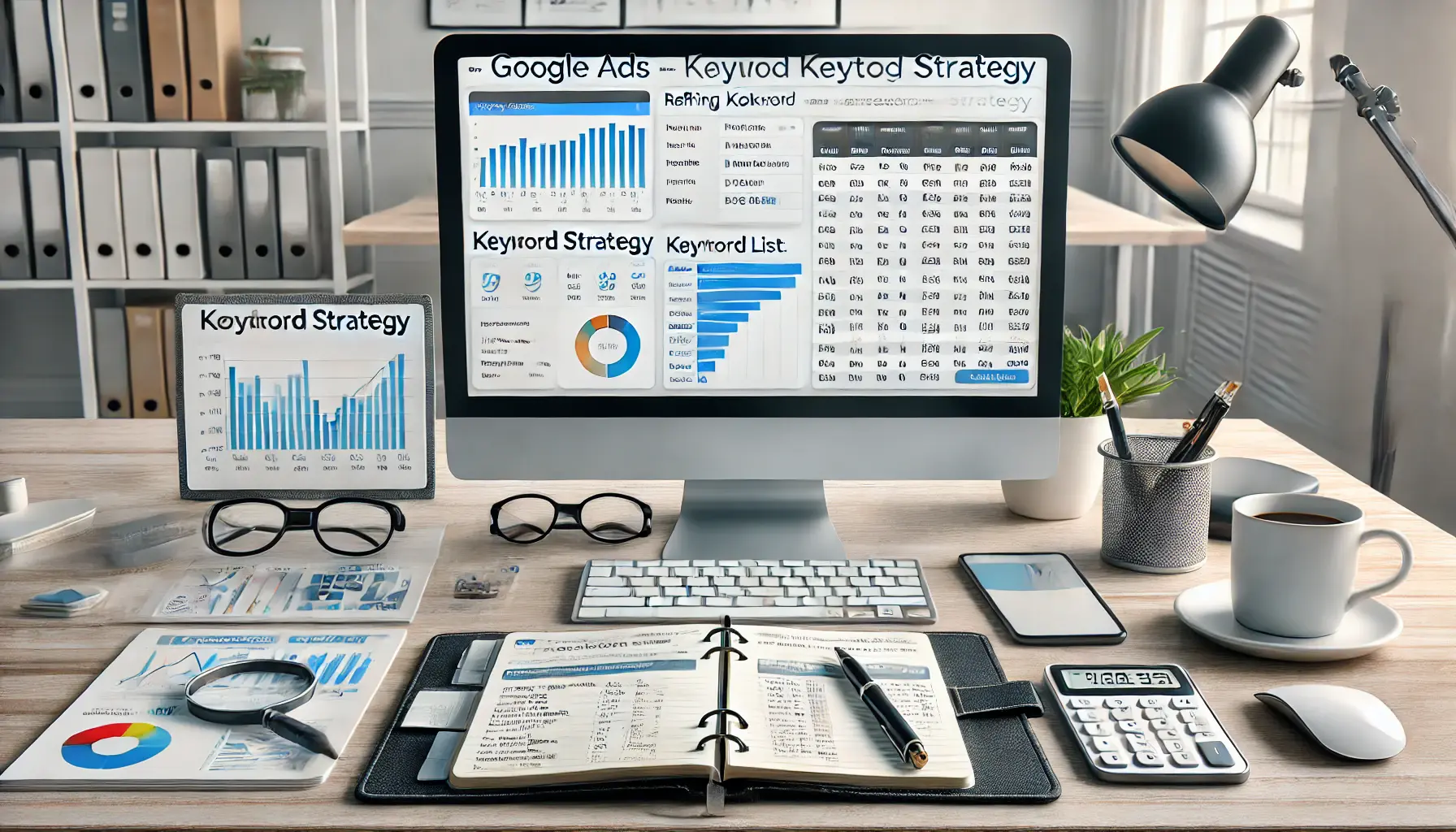 A professional workspace showing a computer screen with the Google Ads Keyword Planner tool, displaying keyword lists, performance metrics, and filters. The desk includes a notebook with strategy notes, a pen, a smartphone, and a coffee cup, set in a bright office environment.