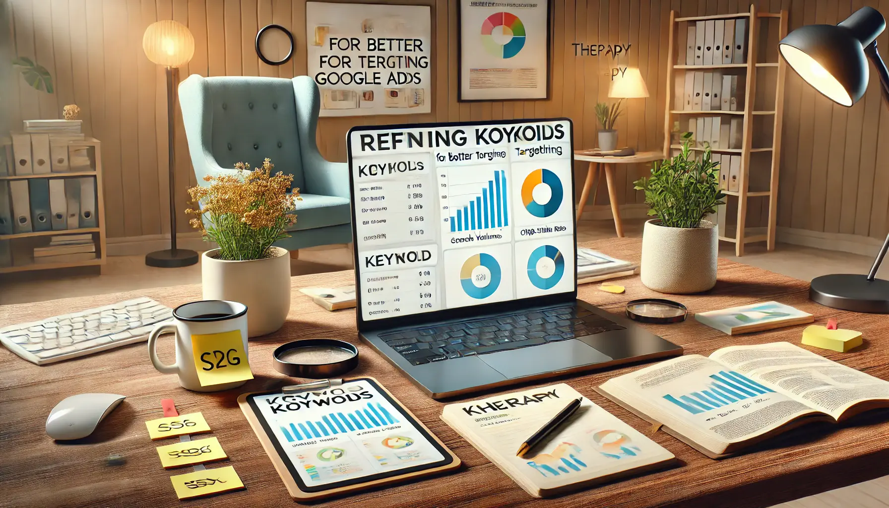 An image showing a laptop with a keyword optimization tool, surrounded by notes and a trend graph in a therapy office setting.