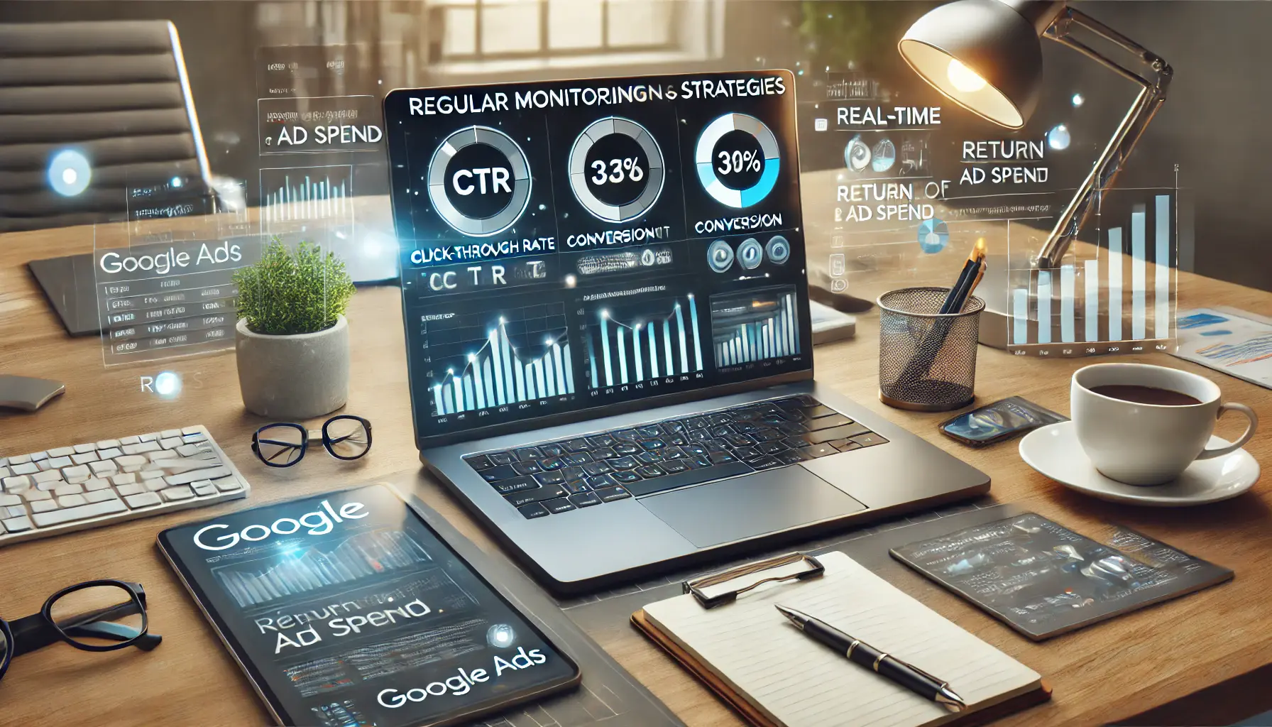 A digital marketing workspace with a laptop displaying a performance dashboard showing key metrics like CTR, conversion rate, and ROAS.