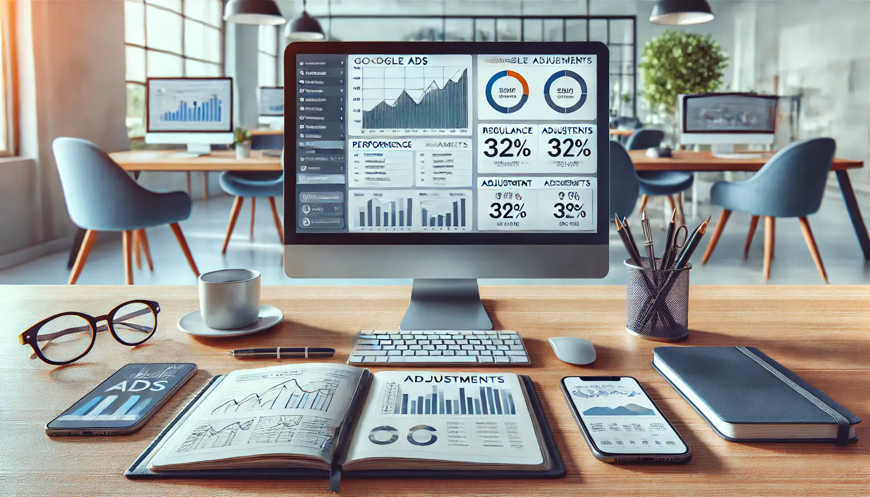 A professional workspace with a computer displaying the Google Ads interface, showing performance metrics and graphs for campaign adjustments. The desk includes a notebook with analysis notes, a pen, a smartphone, and a coffee cup, set in a bright office environment.