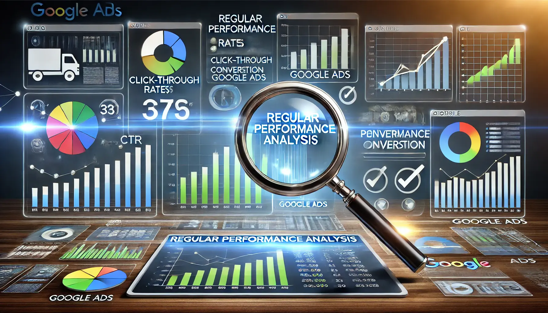 Digital dashboard displaying performance metrics like CTR, conversion rates, and cost per conversion for Google Ads.