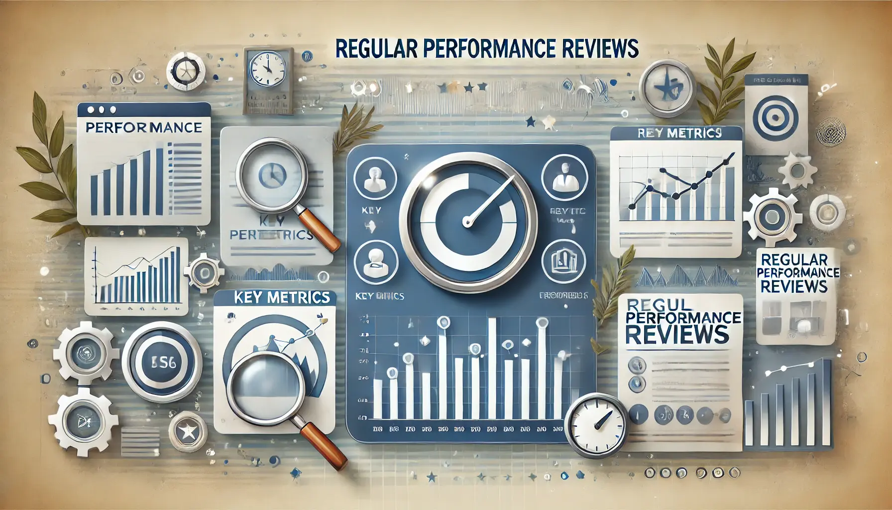 A digital dashboard displaying performance analytics with key metrics, progress trends, and charts, surrounded by icons for data analysis, magnifying glasses, and clock symbols.