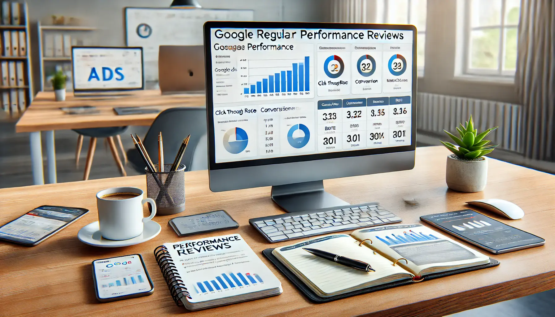 A professional workspace with a computer displaying Google Ads performance reports, showing metrics like click-through rate, conversion rate, and ROI. The desk includes a notebook with performance review notes, a pen, a smartphone, and a coffee cup, set in a bright office environment.