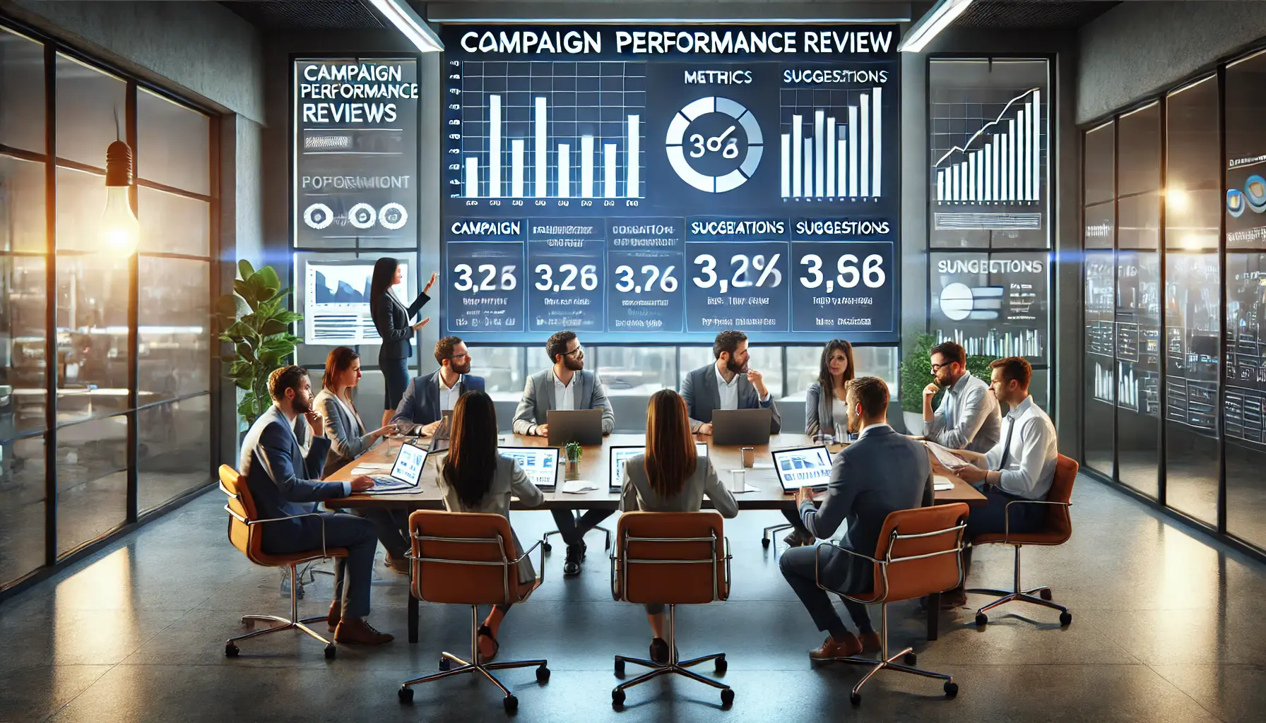 A professional team reviewing campaign performance metrics and discussing optimization strategies in a modern office.