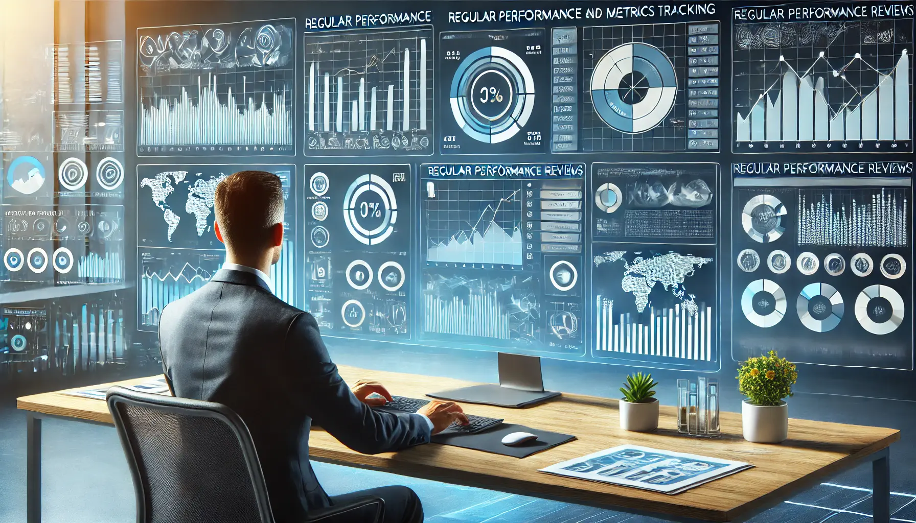 Professional reviewing performance data on a computer screen with analytics charts and metrics.