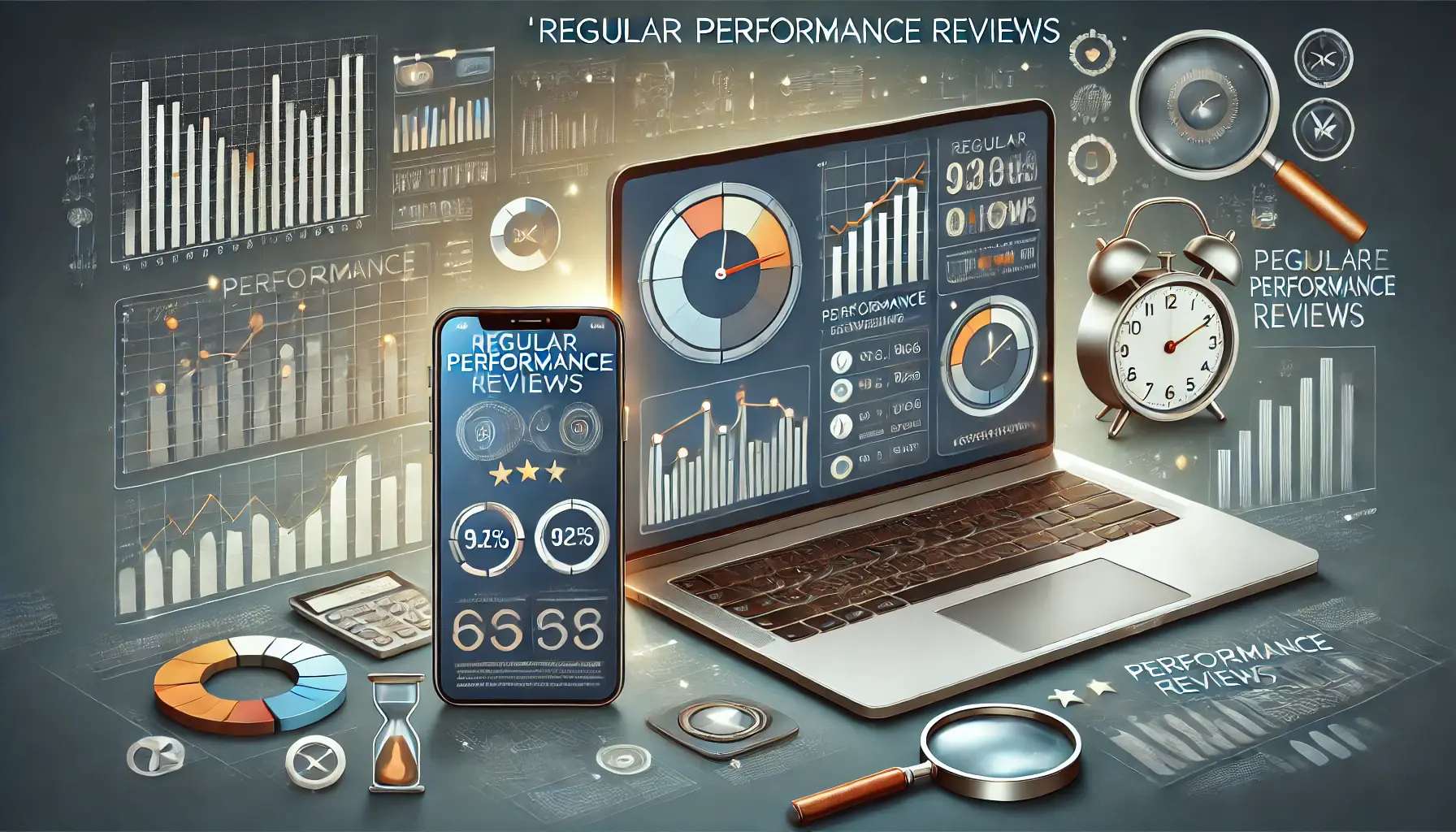 A laptop and smartphone displaying analytics dashboards with performance graphs and charts, surrounded by icons like a calendar and clock.