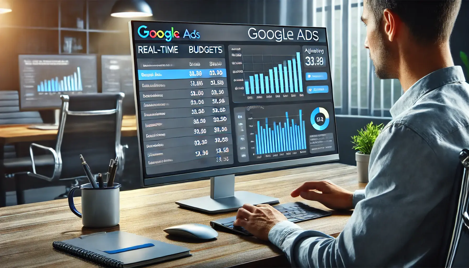 Digital marketer monitoring and adjusting Google Ads campaign performance in real-time.