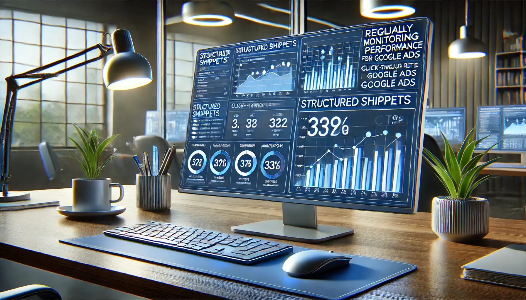 A Google Ads dashboard displaying performance analytics such as CTR and impressions, with charts and data points being analyzed in a professional workspace.