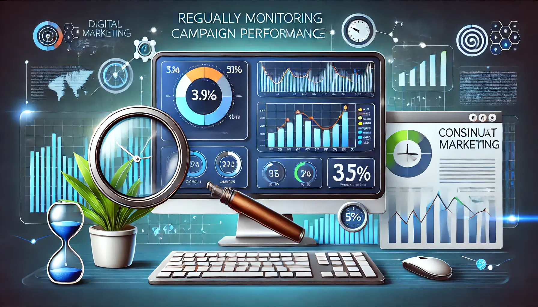 A digital marketing scene showing a computer screen with analytics dashboards, graphs, and performance indicators, representing campaign monitoring.