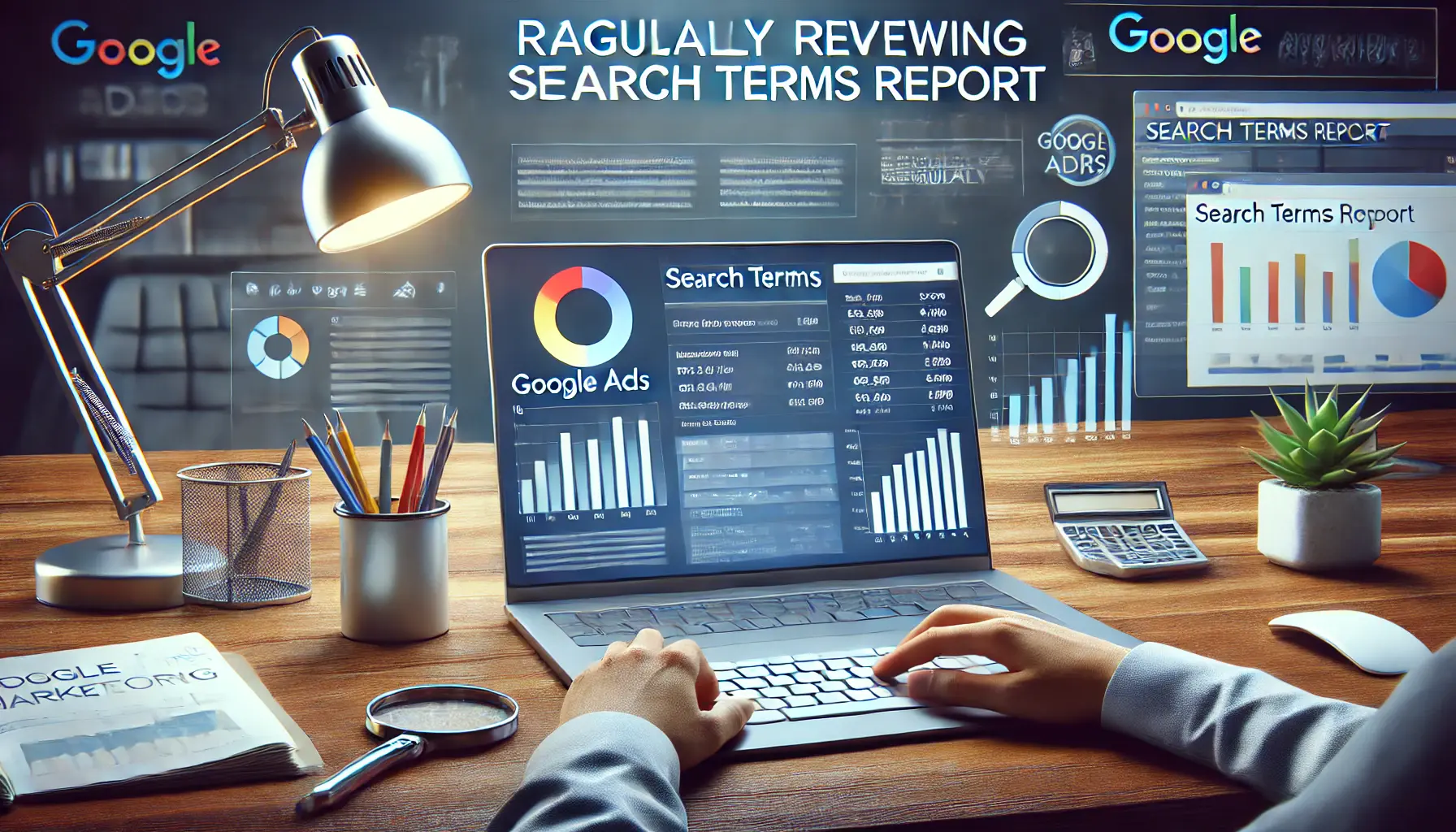 A digital marketing workspace showing a person reviewing the Google Ads search terms report on a laptop, with performance charts and graphs.