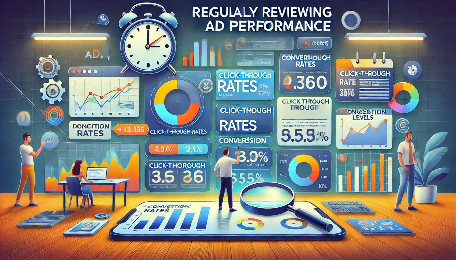 A digital dashboard showing ad performance metrics like click-through rates and conversion rates, with a person analyzing the data.