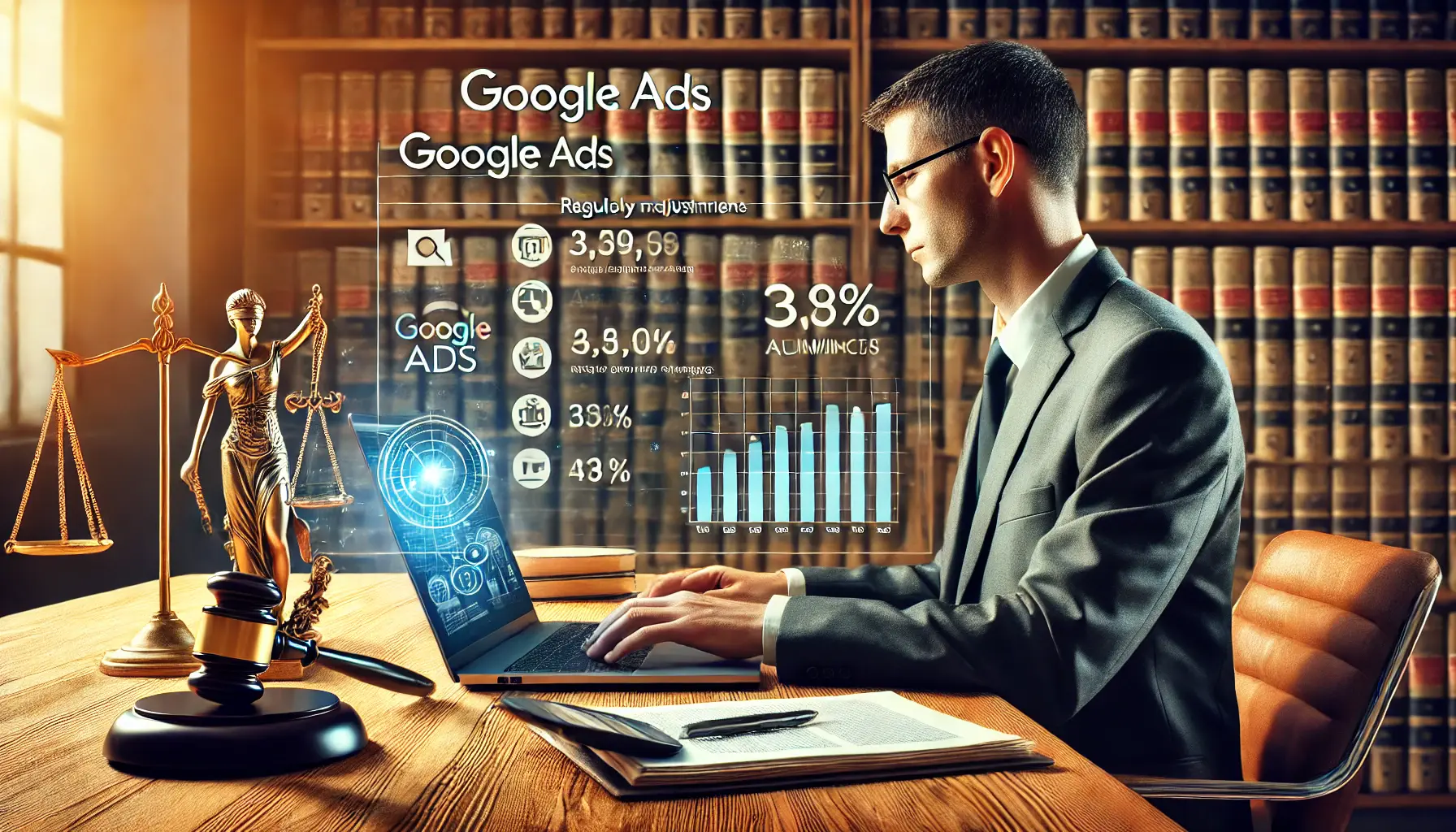 Illustration of a lawyer reviewing and adjusting their Google Ads campaigns on a laptop, with law office elements in the background.