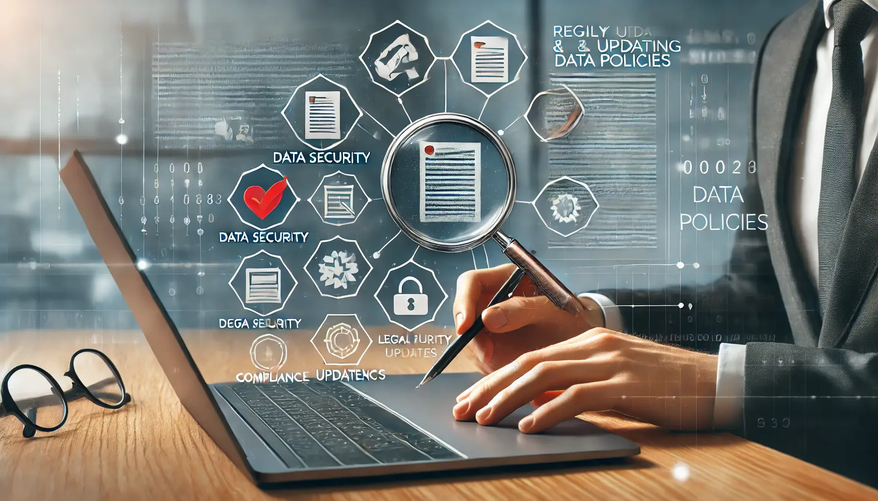 An image showing a digital workspace with a laptop where a user is reviewing a document or policy file, with icons for data security and legal compliance.