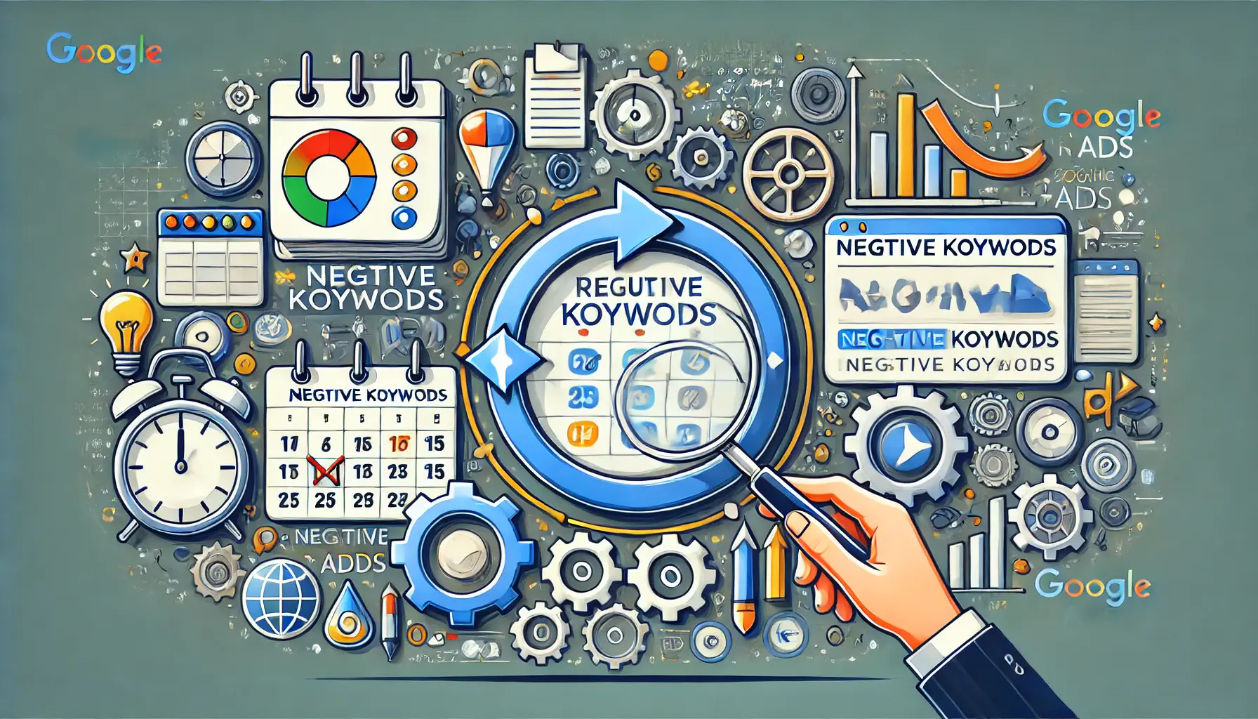 Abstract representation of regularly reviewing and updating negative keywords, featuring symbols like calendars, clocks, and rotating gears.