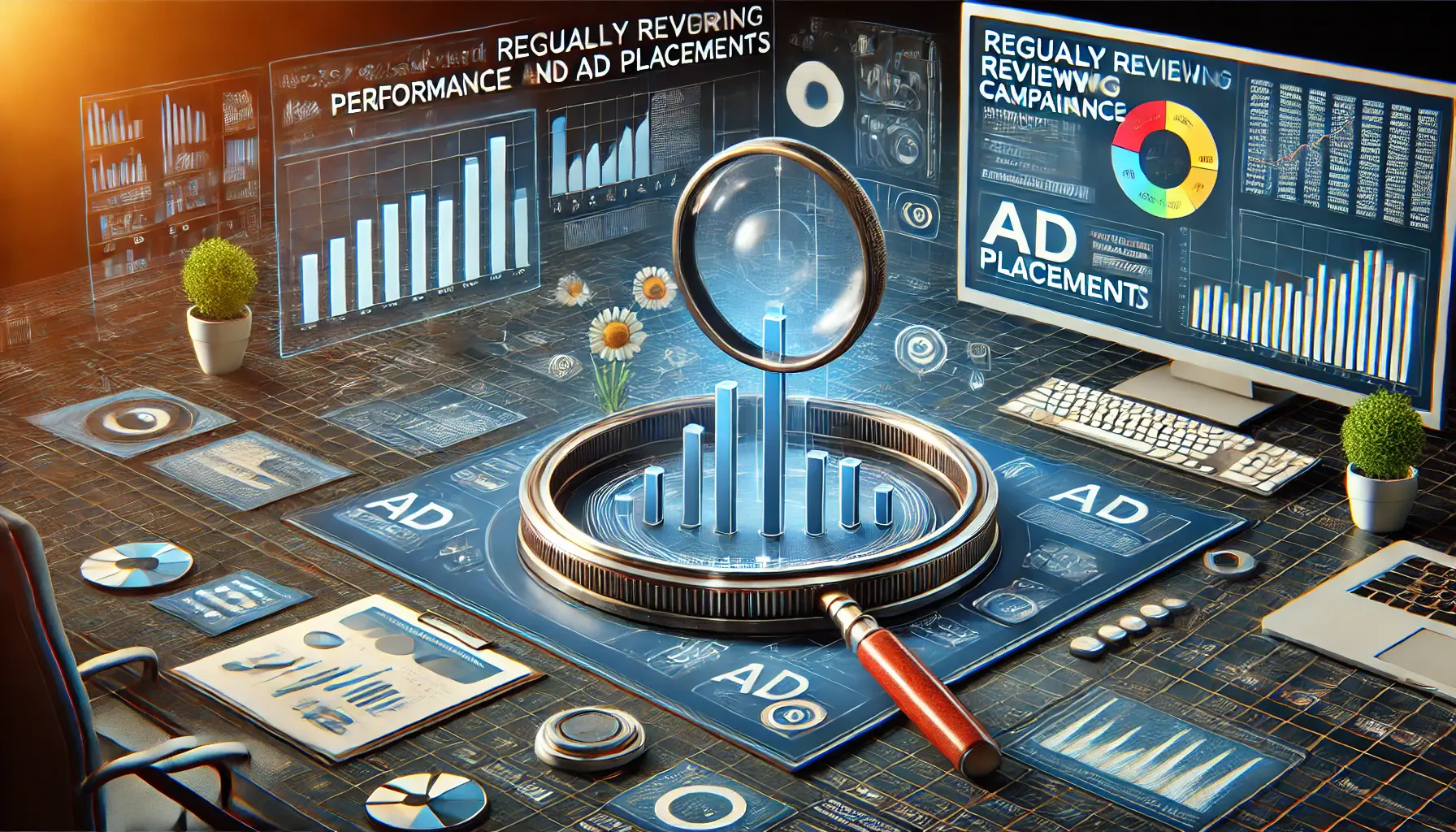 An image illustrating the process of reviewing campaign performance and ad placements, featuring performance charts and ad placement controls in a digital environment.