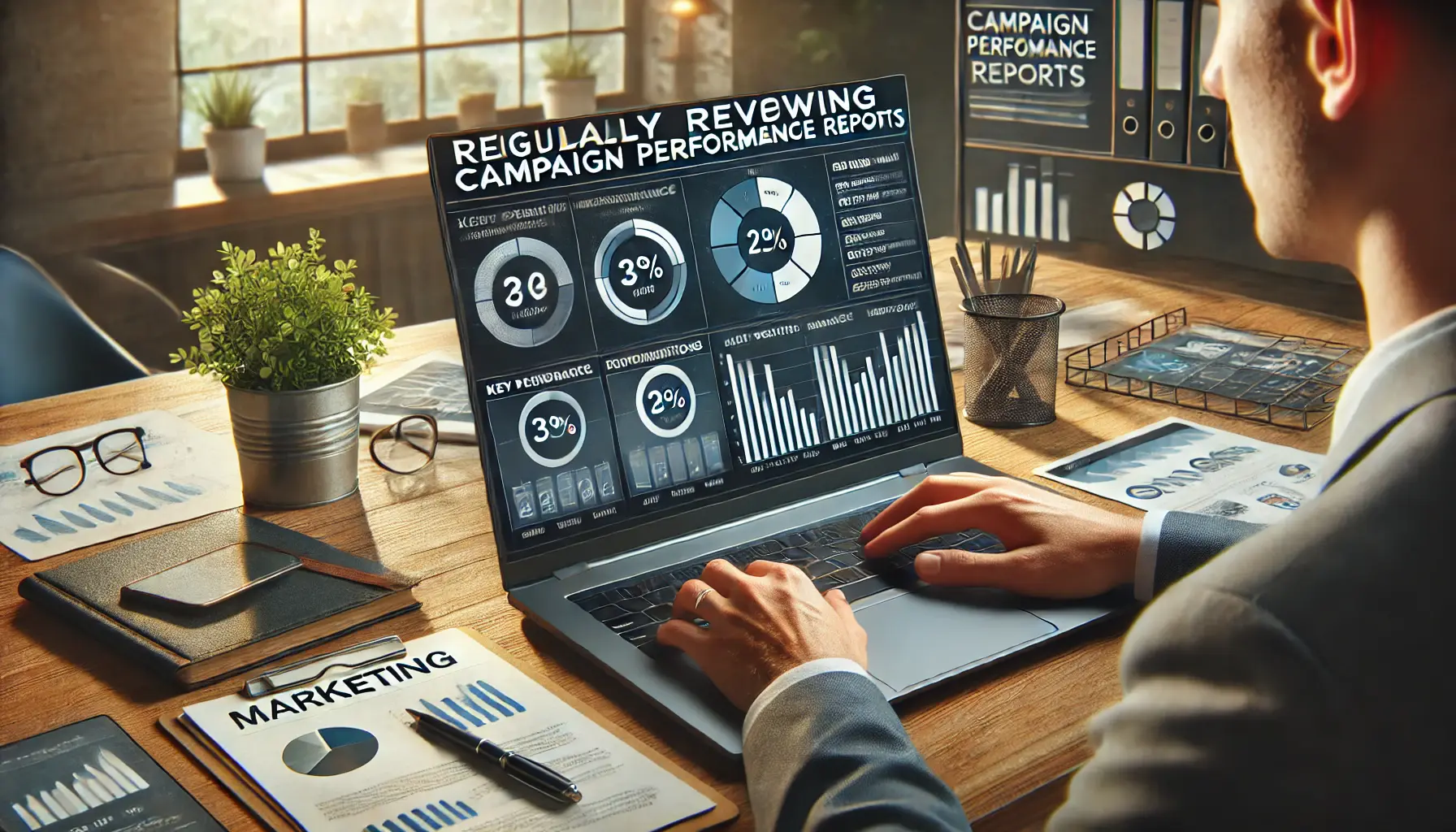 A digital marketer reviewing campaign performance reports on a laptop, with charts and graphs displayed on the screen.