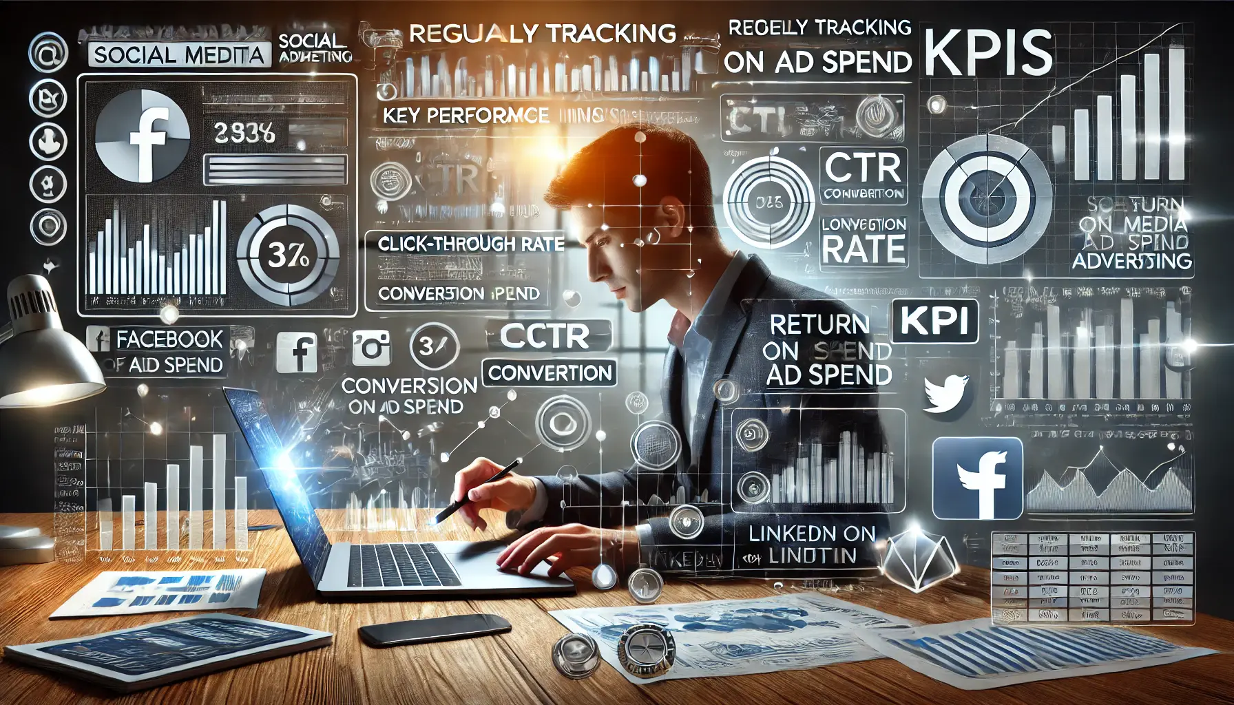 A digital illustration of a marketing workspace featuring a digital dashboard displaying key KPIs such as click-through rate (CTR), conversion rate, and return on ad spend (ROAS) across Facebook, Instagram, LinkedIn, and Twitter. A marketing professional is monitoring data and making adjustments.