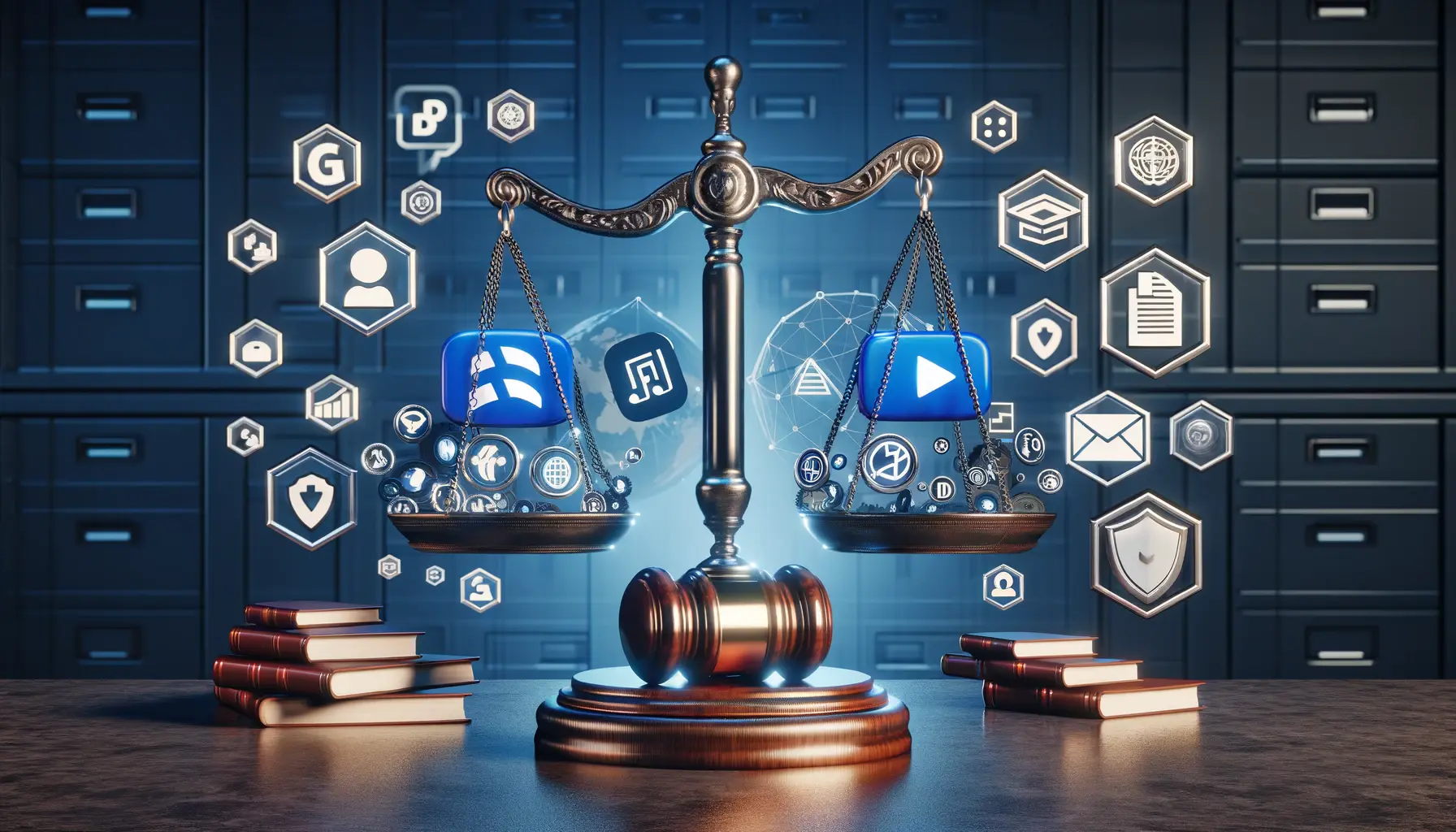 A symbolic balance scale featuring digital elements like a YouTube play button and legal symbols such as a gavel and justice scales, surrounded by regulatory icons.