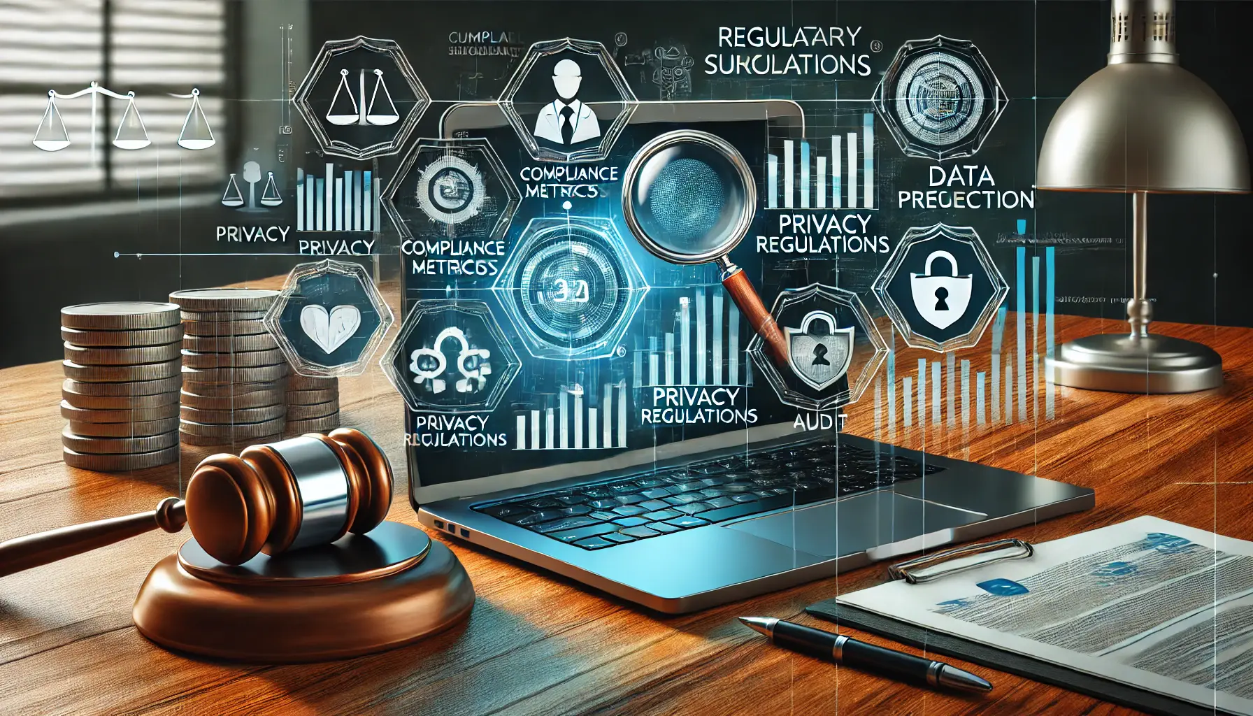 A digital marketing workspace showing a laptop with compliance metrics, privacy regulations, and audit icons, surrounded by symbols of legal oversight and data protection.