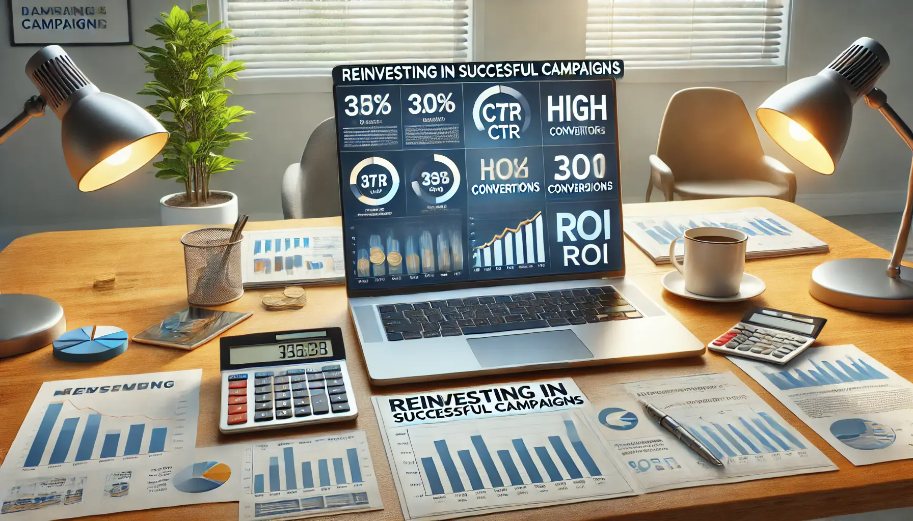 A modern workspace with a laptop displaying a dashboard of successful ad campaigns and positive performance metrics.