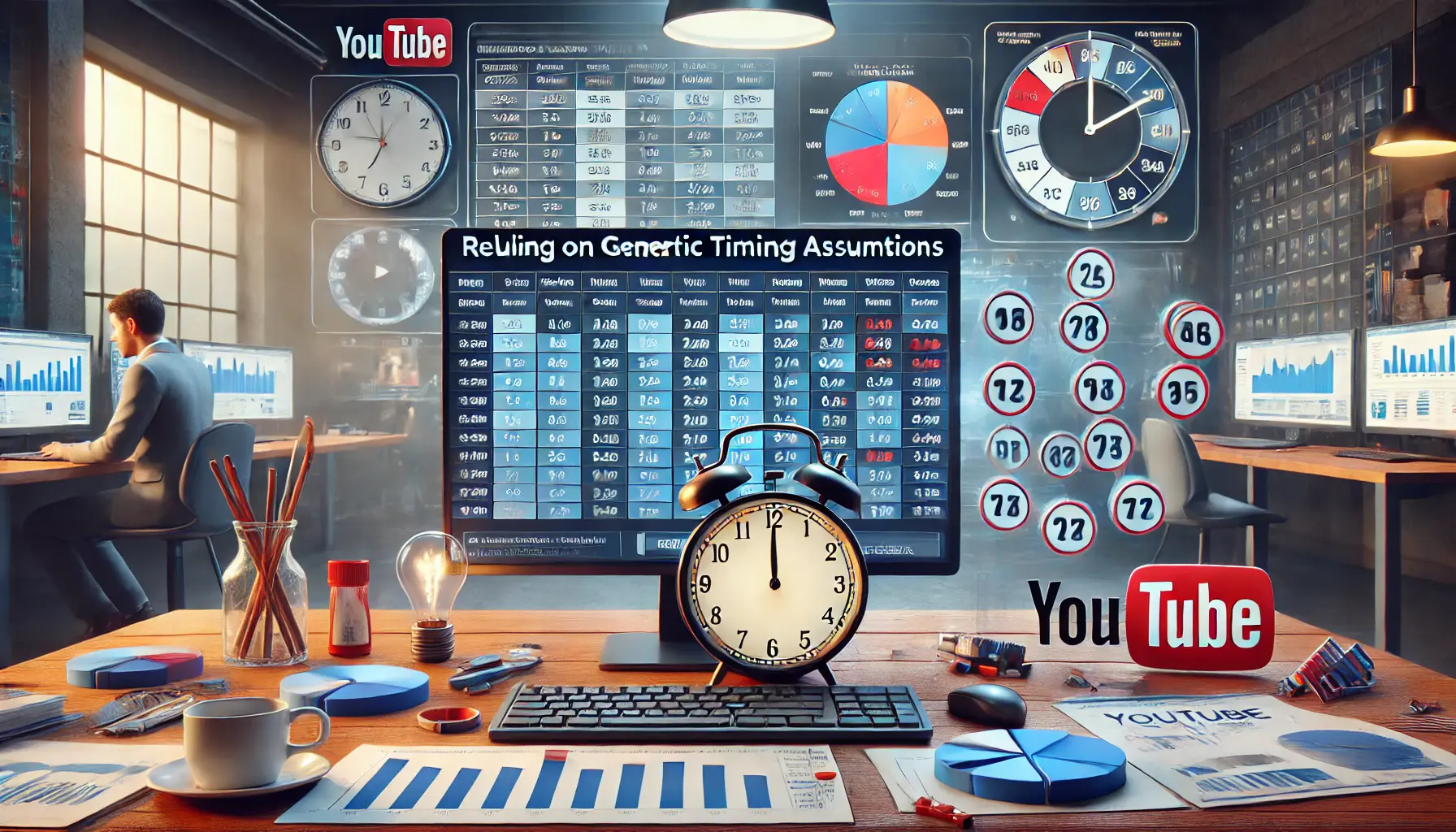 A digital marketing workspace with a computer screen showing a one-size-fits-all ad schedule, with mismatched clocks and charts symbolizing inefficiency in ad timing.