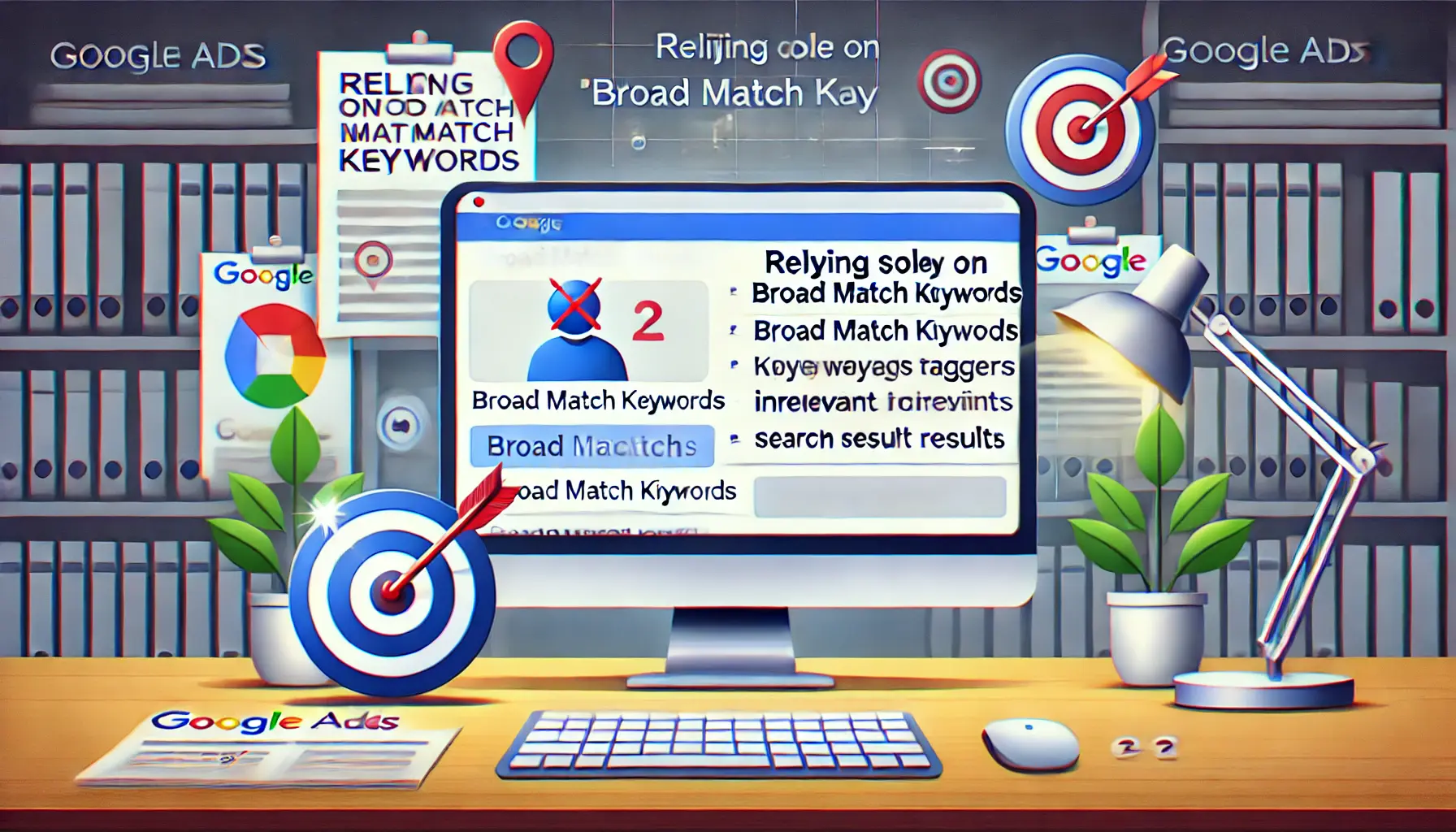 A computer screen displaying a Google Ads campaign with broad match keywords triggering irrelevant results, surrounded by symbols of inefficiency like a target with arrows missing and a cluttered search result list.