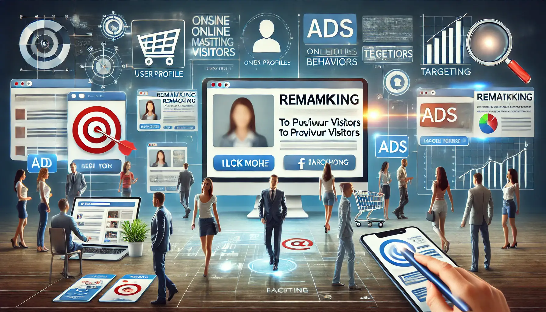 Illustration of remarketing ads being displayed to users who have previously visited a website or app.