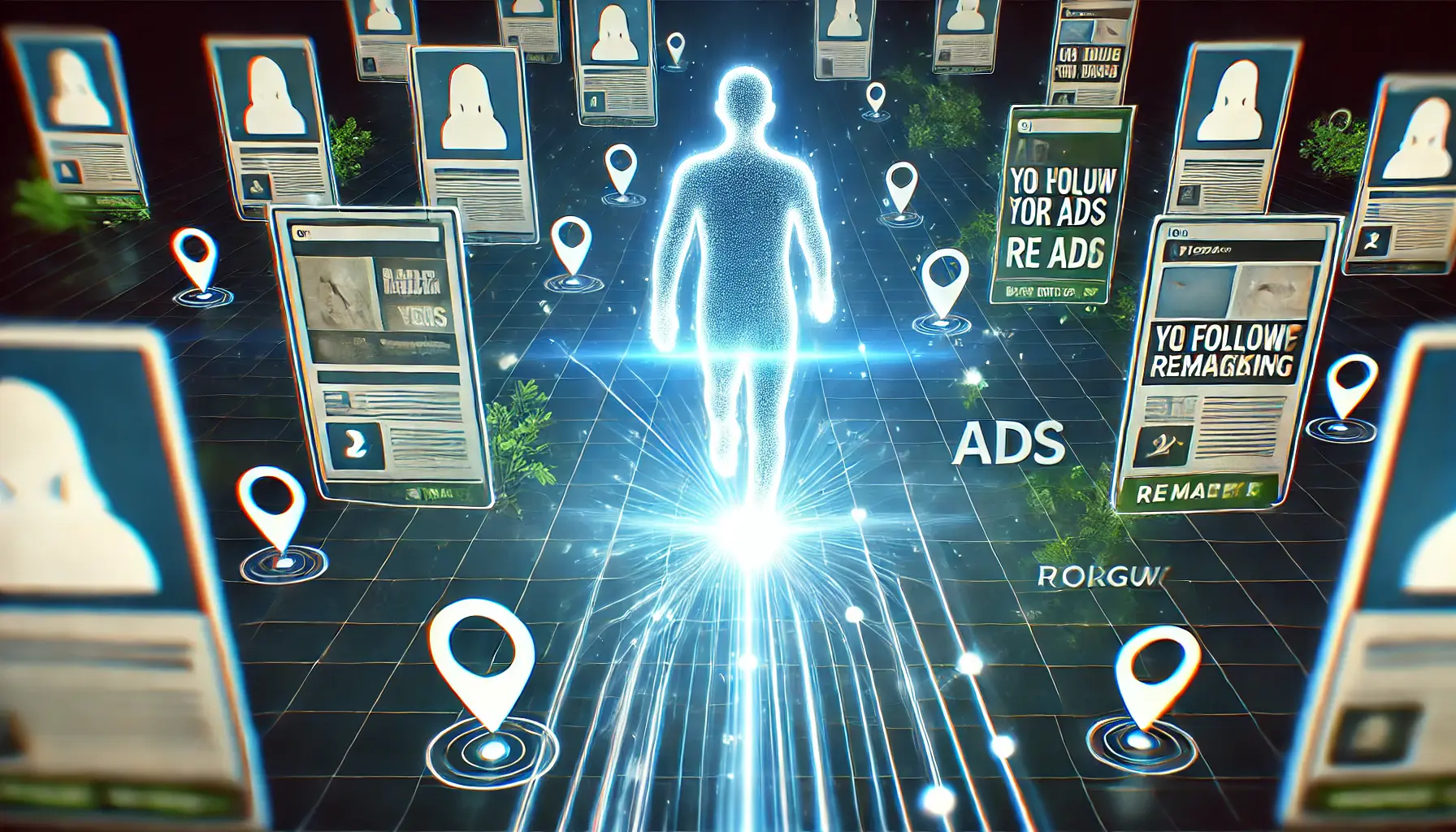 An image illustrating remarketing in digital advertising, showing a user being followed by ads across different websites or apps after visiting a site.