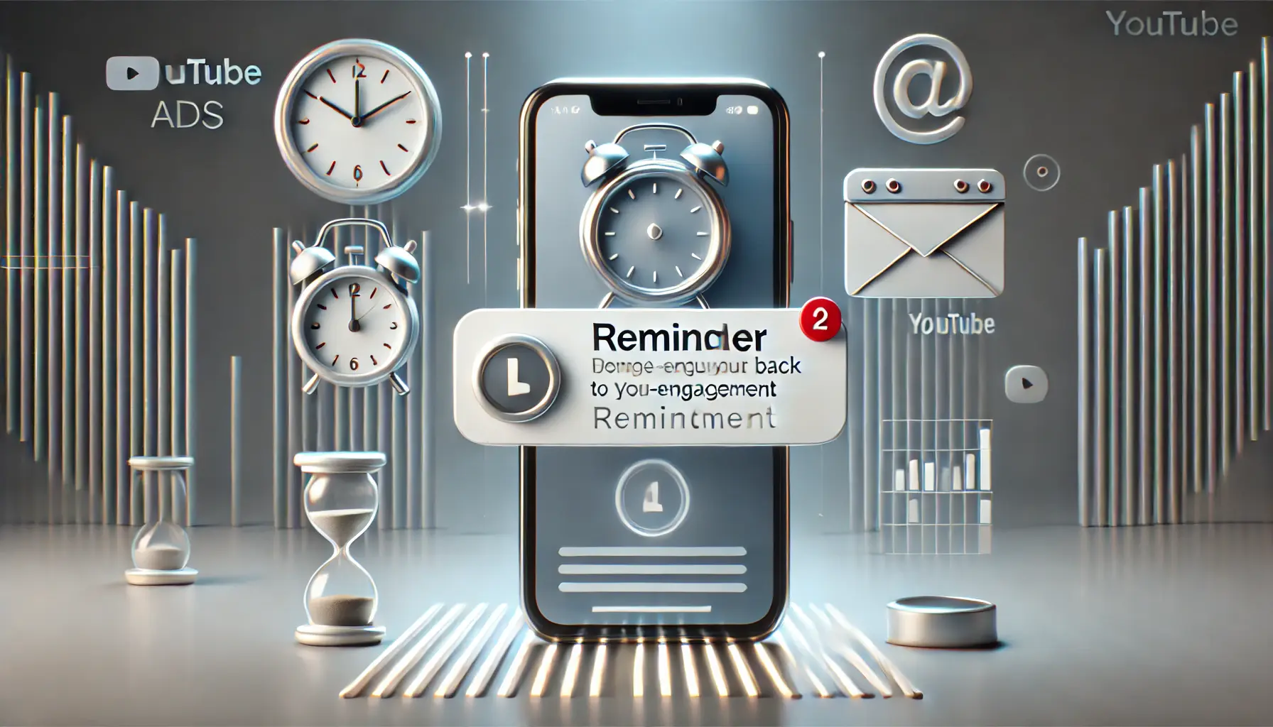 A smartphone screen displaying a reminder notification, symbolizing personalized re-engagement prompts, with subtle icons like clocks and email inboxes in the background.