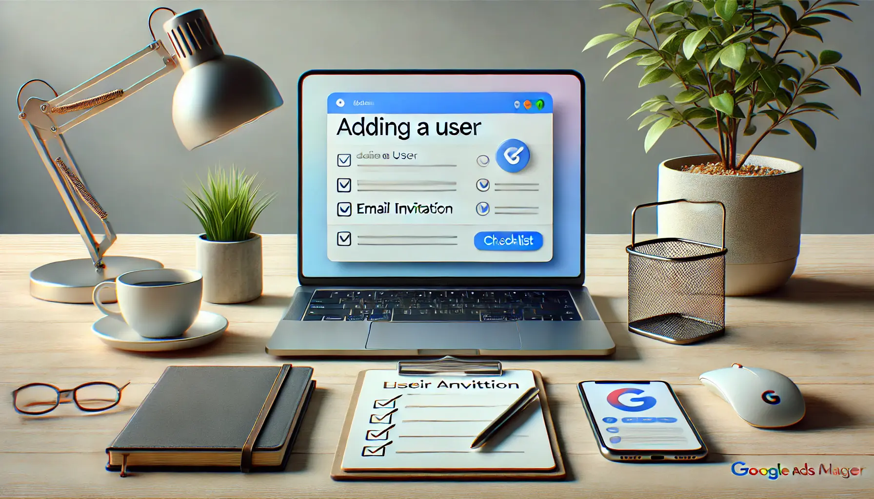 A modern desk with a laptop displaying an email invitation interface, a checklist on a notepad, and a smartphone, symbolizing preparation for adding a user to Google Ads Manager.