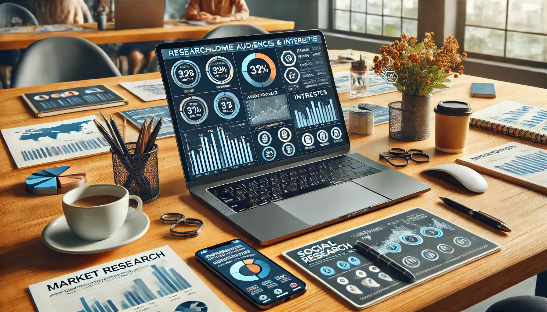 A modern workspace with a laptop displaying audience demographics analytics, market research reports, and social media insights, highlighting audience data.