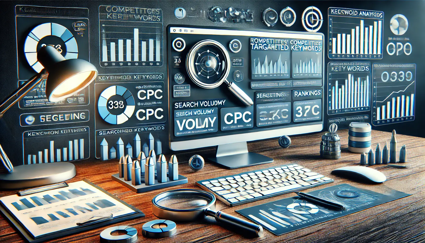 A modern workspace showing a computer screen with keyword analysis tools displaying metrics like search volume, CPC, and rankings, surrounded by targeting icons and data charts.