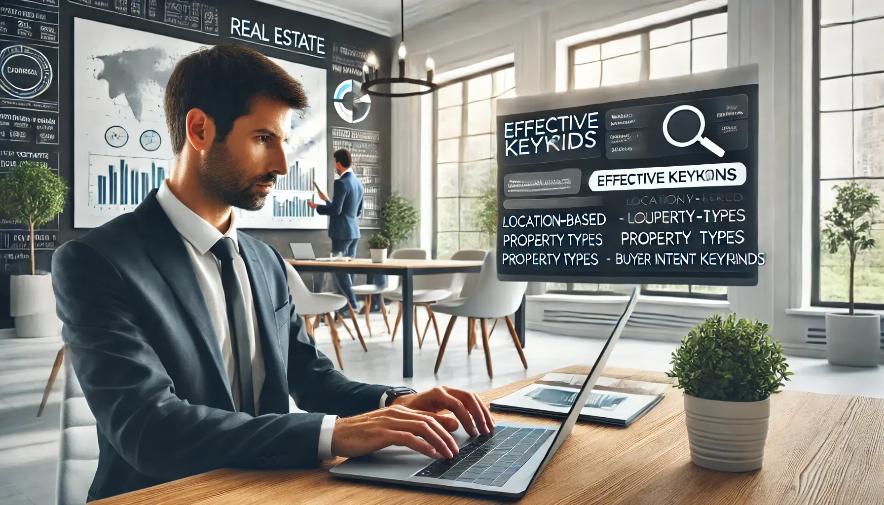 A real estate agent researching keywords on a laptop in a modern office, with a keyword research tool and a city map in the background.