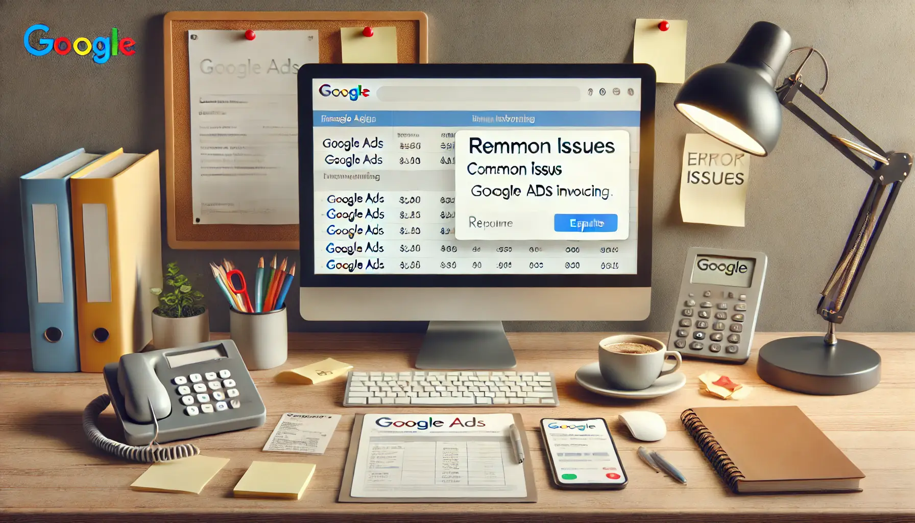 A workspace with a desktop screen displaying an error notification on a billing page, surrounded by support notes, a phone, and a coffee cup, symbolizing the process of resolving common invoicing issues.